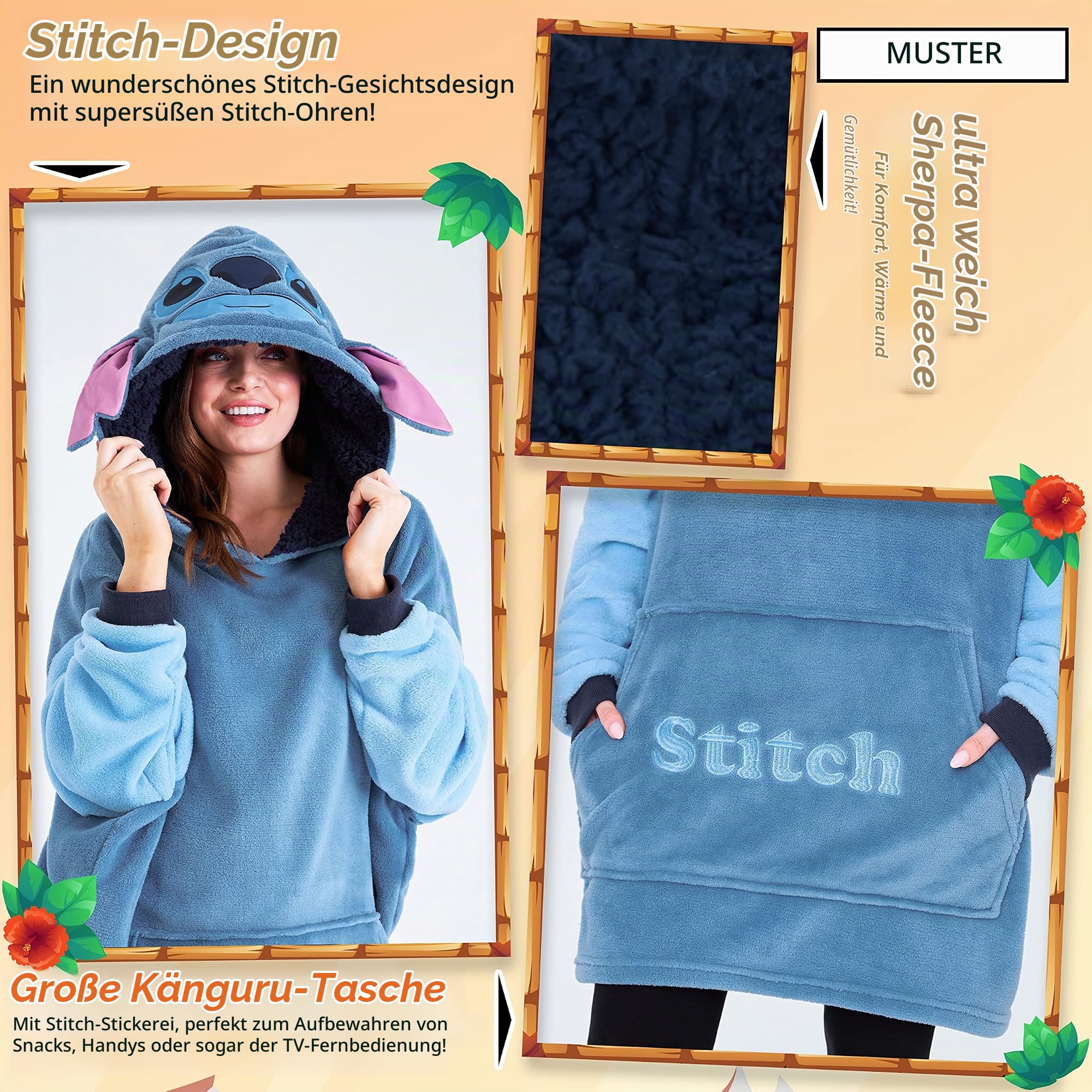 Disney Stitch Übergroße Hoodie Decke Damen - Fleece Oversized Kapuzenpullover mit Ärmeln für Teenager - Einheitsgröße
