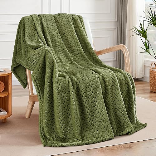 Exclusivo Mezcla - Manta para sofá con textura ondulada decorativa, mantas de vellón ligeras y acogedoras, adecuadas para invierno, verde oliva, 50