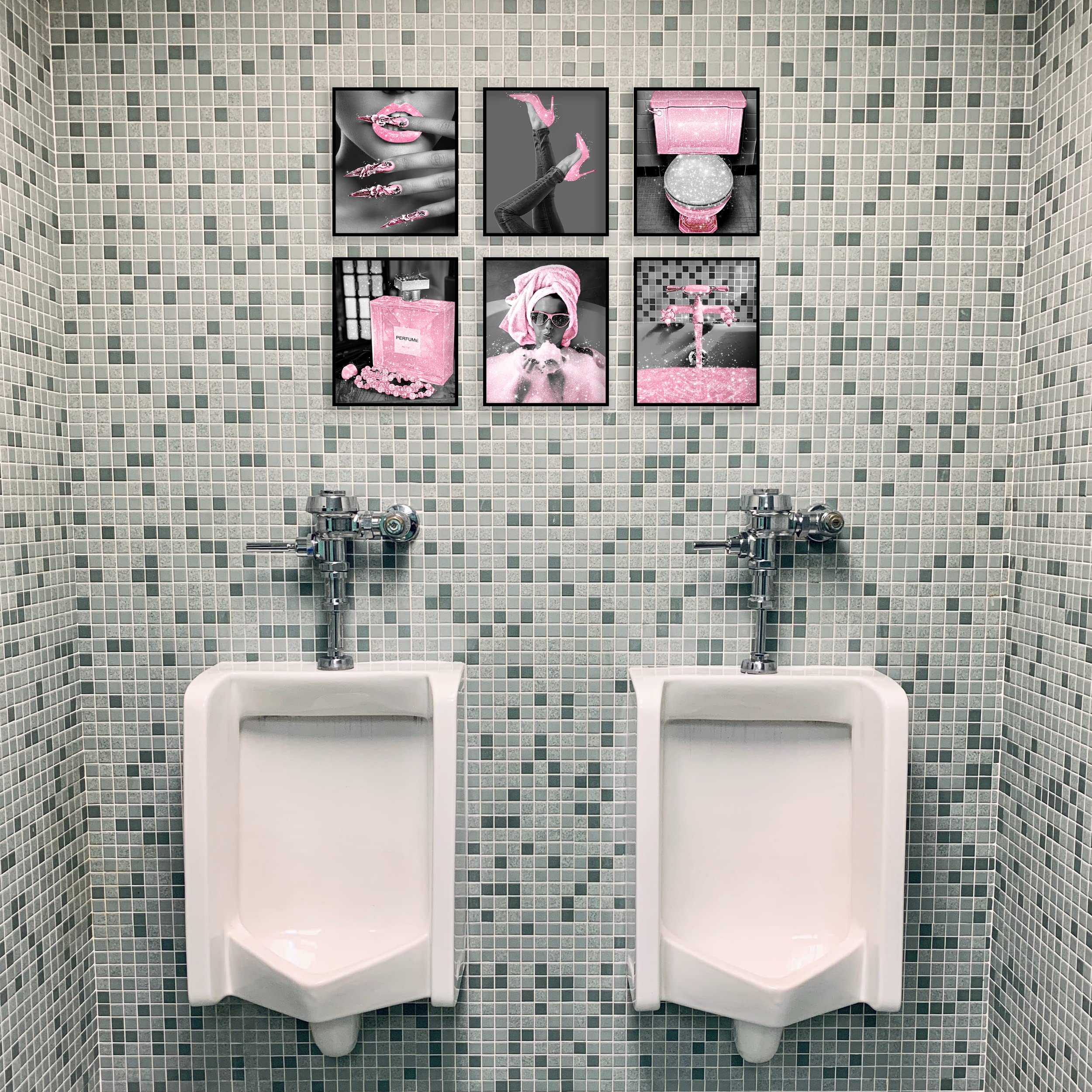 Set Di 6 Quadri Su Tela Per Bagno – Stampe Glitter Rosa E Nero Con Donne Moderne – 28x35,6 Cm - 3