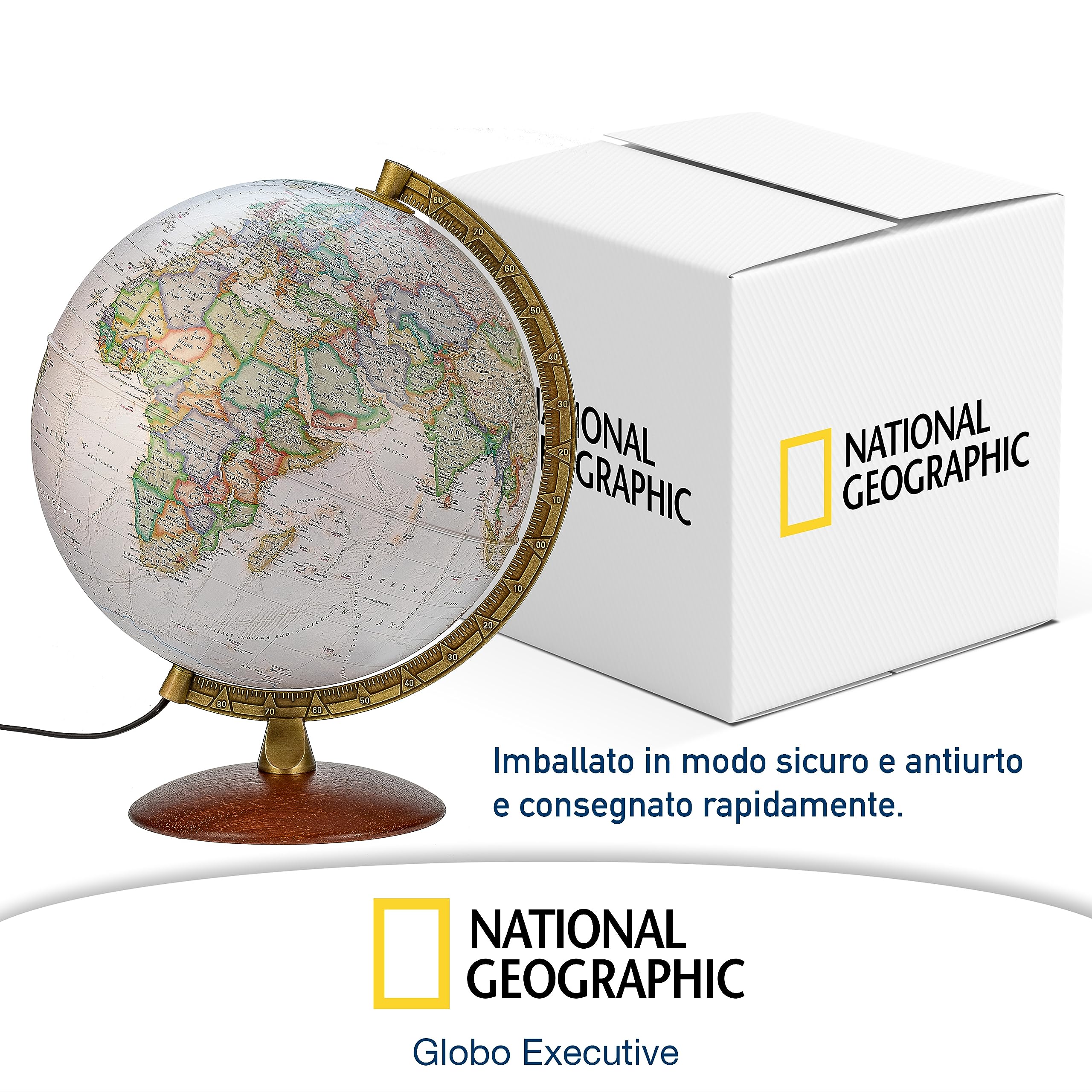 National Geographic - Mappamondo illuminato in stile Executive -30 cm con base stabile e meridiano in metallo, immagine della mappa 2022 fisica/politica con luce LED, immagine della mappa italiana