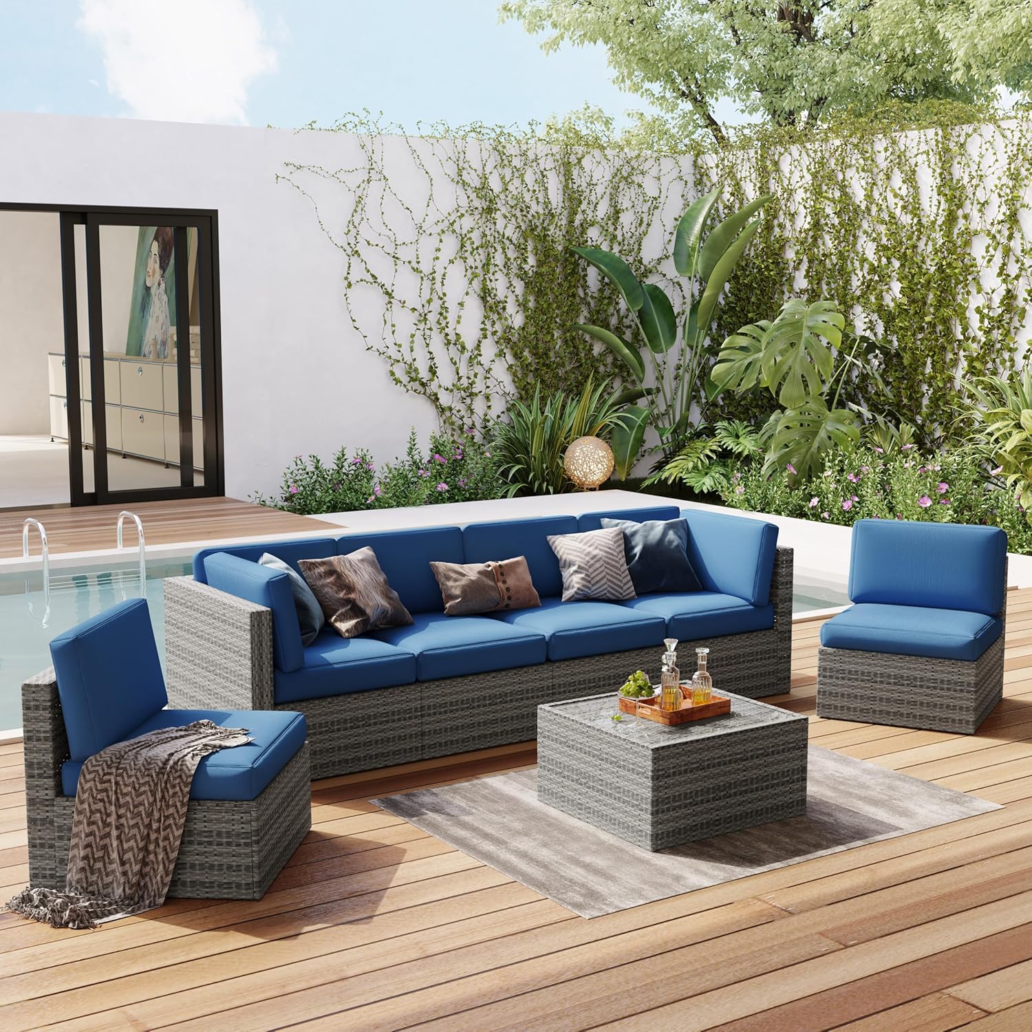 UIXE 7 Pieces Patio Furniture Sets, All Weather Outdoor Sectional Furniture Sofa PE Rattan Couch Seats Backyard Wicker Conversation Set with Thick Cushions & Coffee Table, Blue