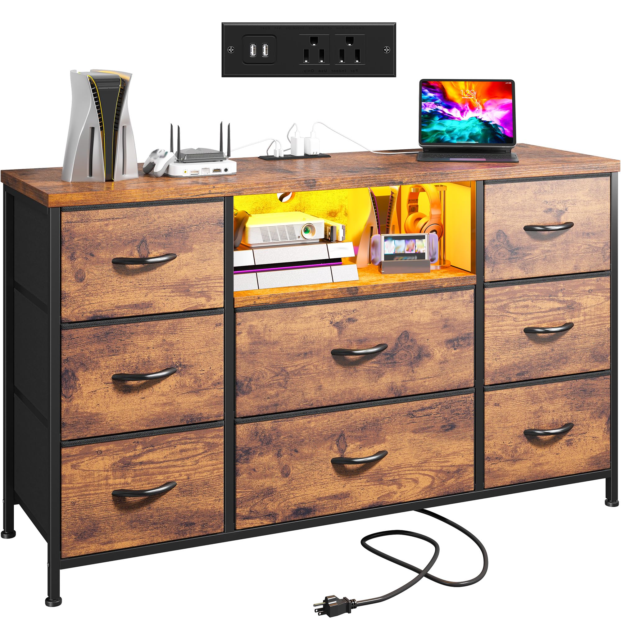 Dresser for Bedroom with LED Lights & Charging Station, Dresser TV Stand for Bedroom with 8 Drawer for 55 inch TV, Fabric Dressers & Chests of Drawers
