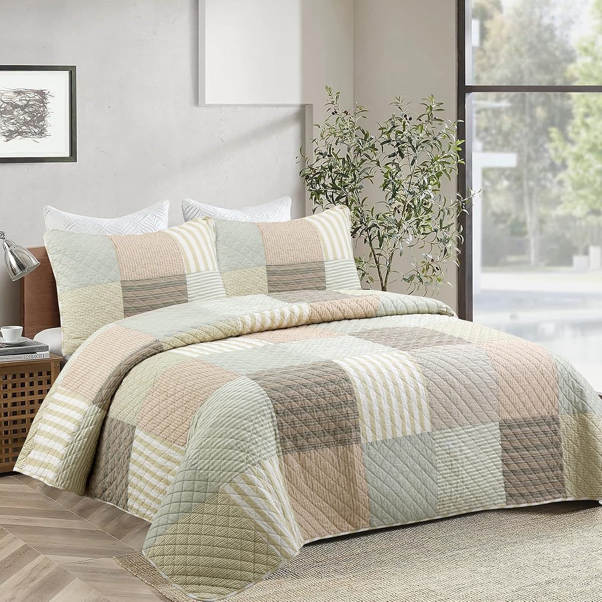 Cosy Line Home Fashions Juego de ropa de cama reversible 100% algodón, colcha clásica de retales a rayas color topo color canela para todas las estaciones (uniformes de invierno, Queen-3 piezas)