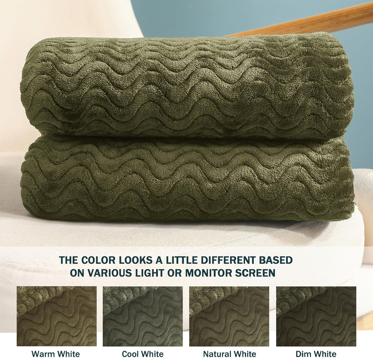 Exclusivo Mezcla King Blanket for Bed, Cozy Lightweight Fleece Blankets for All Season, Decorative Giftable Fuzzy Plush Wave Textured Suitable for Women, Men, Olive Green, 90x104 Inches - Image 8