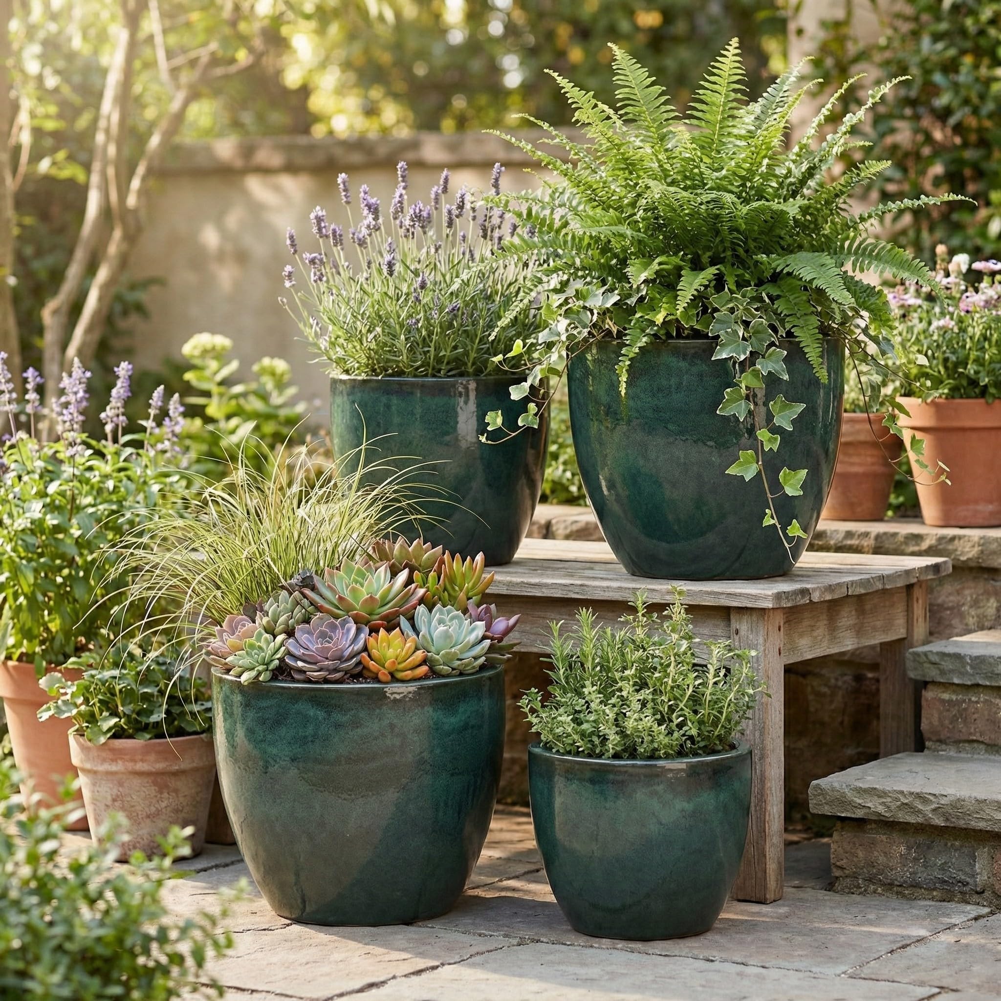 Teramico Premium Vaso per Piante in Ceramica Smaltata – 100% Resistente al Gelo & Fatto a Mano. Vaso per Fiori con Foro per Esterni & Interni. Vaso Unico di Alta Qualità, Resistente all'Inverno (Verde