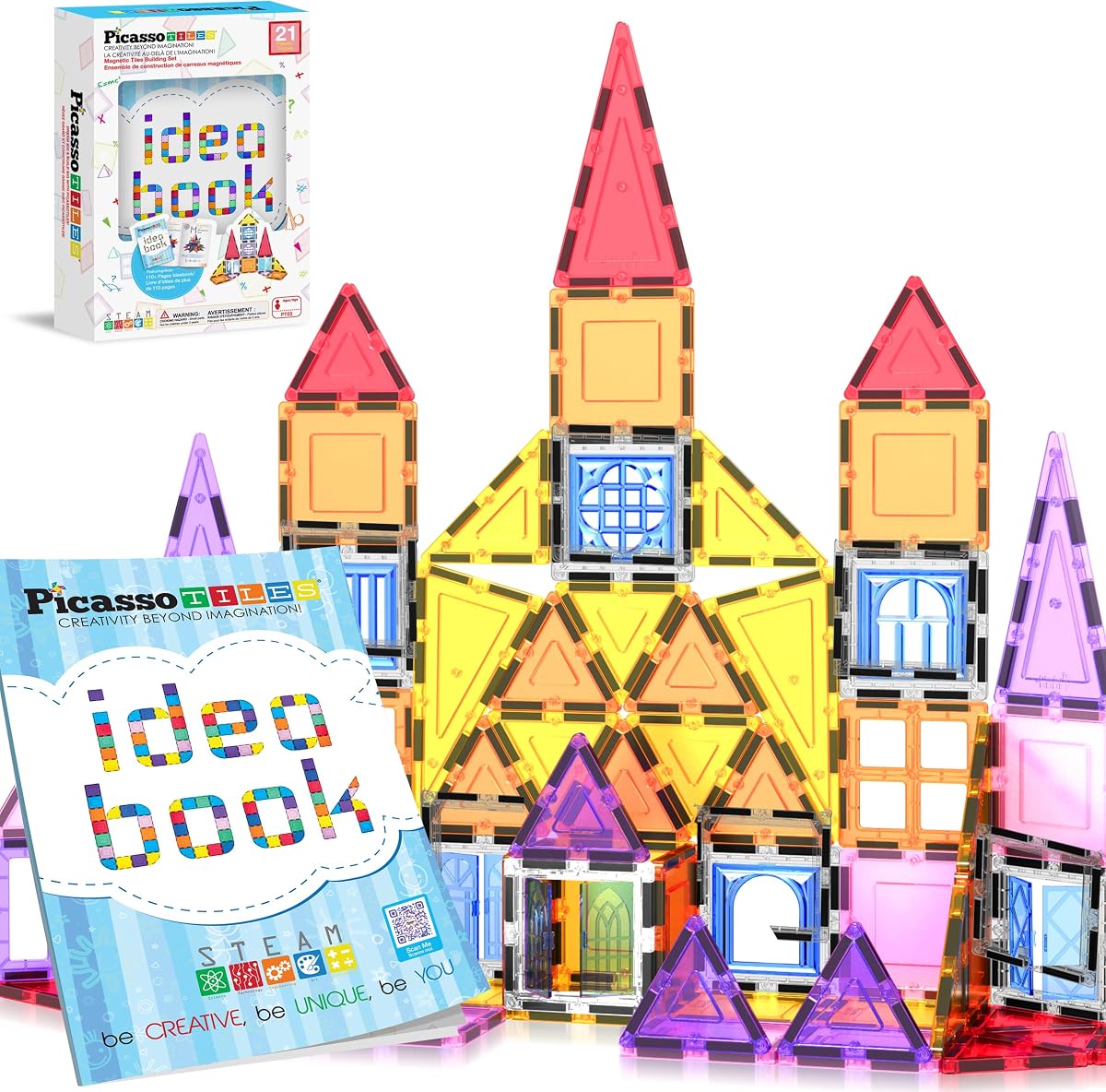 PicassoTiles Azulejos magnéticos Juguetes magnéticos Bloques de construcción Juego de construcción con más de 110 páginas IdeaBook STEM Juego de aprendizaje para niños pequeños Juego educativo divertido Niños Niñas Juguetes sensoriales Edades 3+ PT03