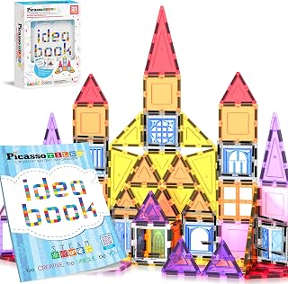 PicassoTiles 21pcs Magnetic Tiles Magnet Toys Building Blocks Construction Set with 110+ Pages IdeaBook STEM Learning Playset Toddlers Educational Fun Play Kids Boys Girls Sensory Toys Ages 3+ PT03