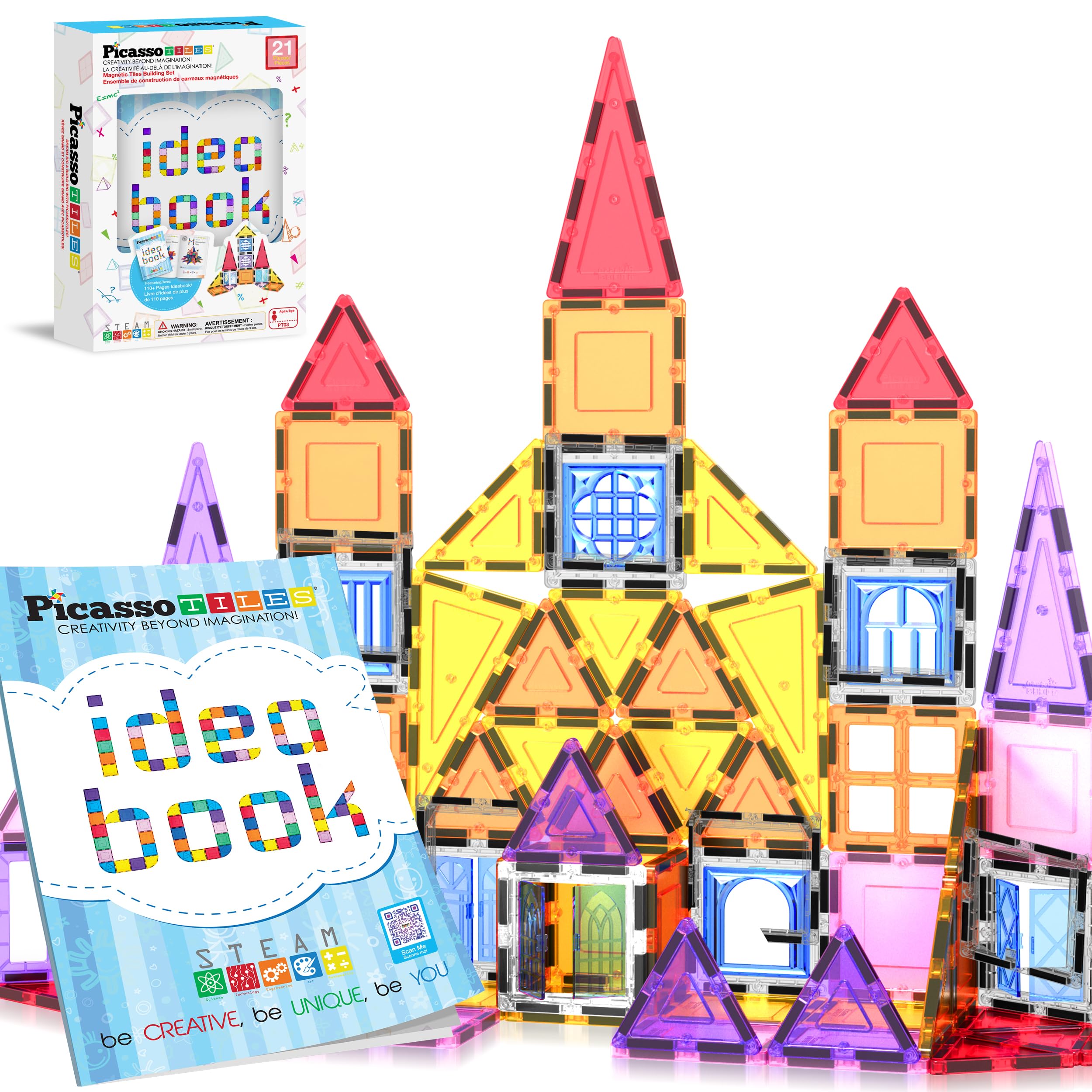 PicassoTiles21pcs Magnetic Tiles Magnet Toys Building Blocks Construction Set with 110+ Pages IdeaBook STEM Learning Playset Toddlers Educational Fun Play Kids Boys Girls Sensory Toys Ages 3+ PT03