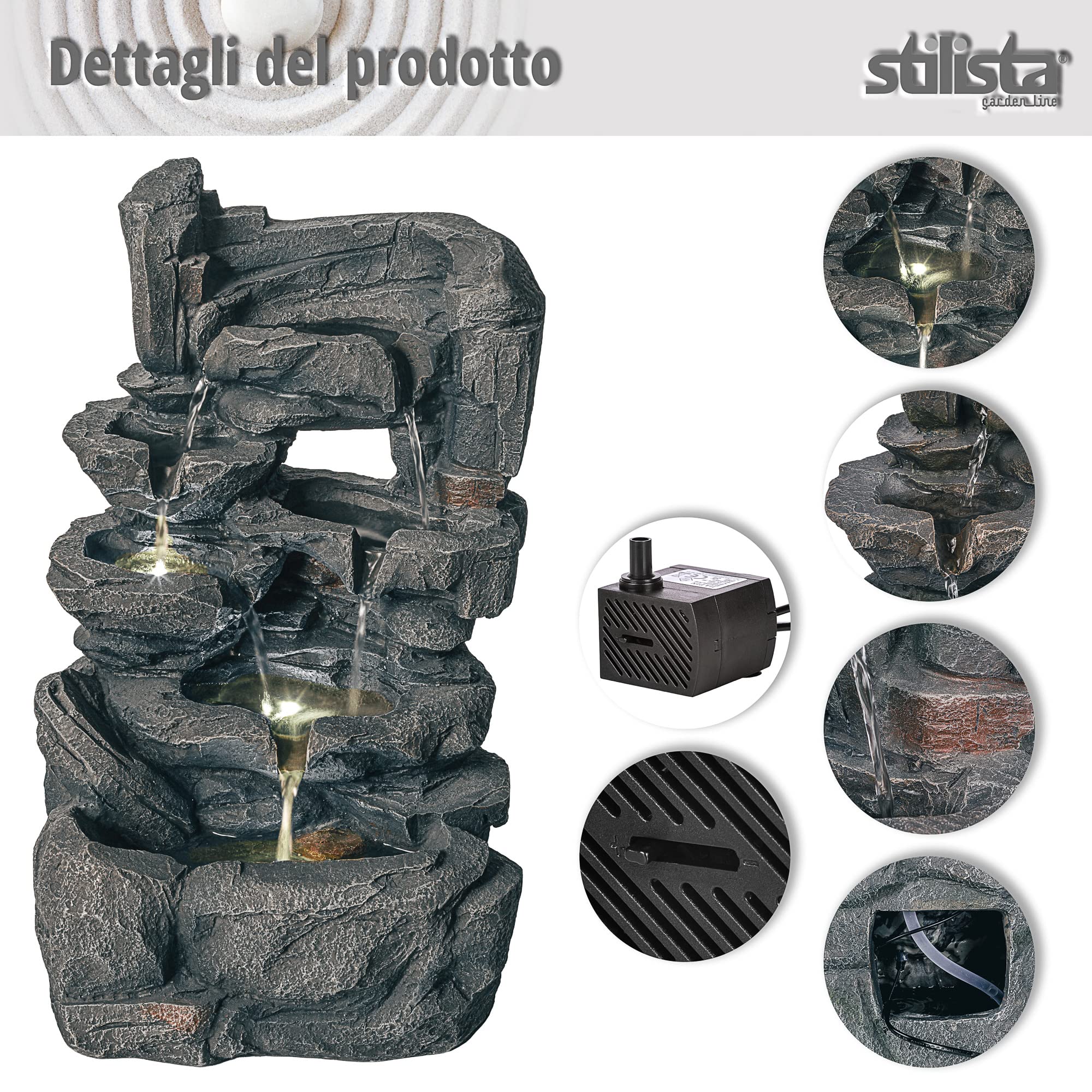 STILISTA Fontana da giardino con cascata in pietra, 47 x 28 x 25 cm, con illuminazione a LED, pompa inclusa