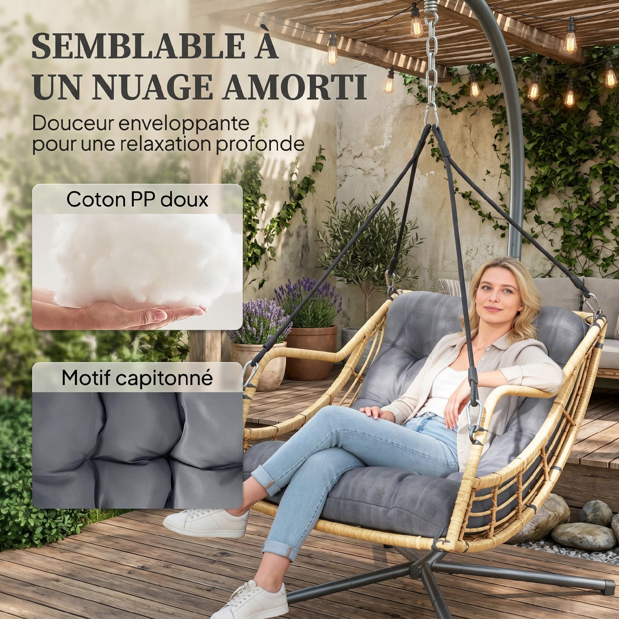 Outsunny Fauteuil Suspendu en Résine Tressée avec Support Coussin Gris