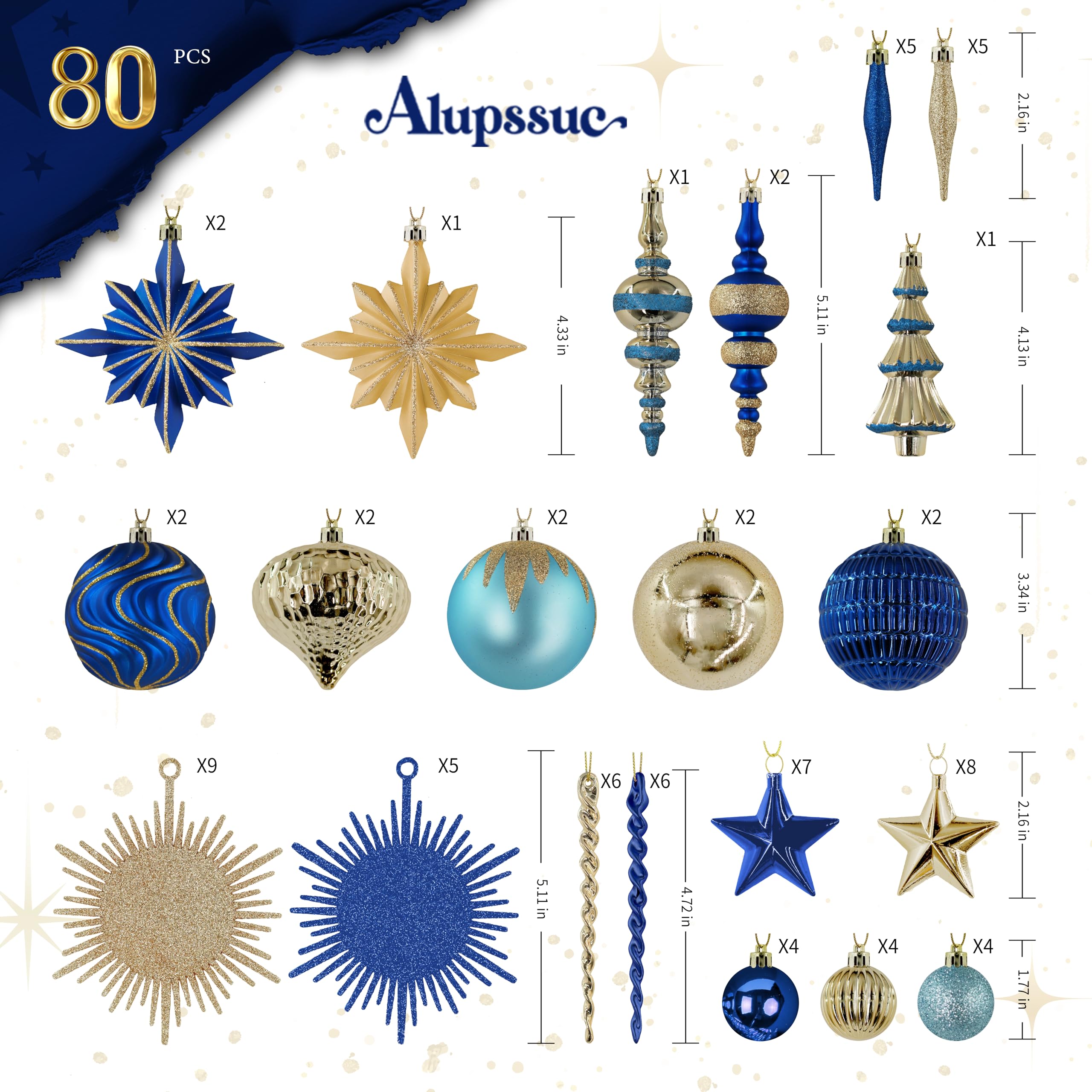 Alupssuc 80pcs Weihnachtskugeln Kunststoff Set,Bruchsichere Plastik Weihnachtsschmuck für Weihnachtsbaum Urlaub Hochzeit Party Dekorationen mit Hängenden Schnüre Moderner Leichter Luxus Blau und Gold