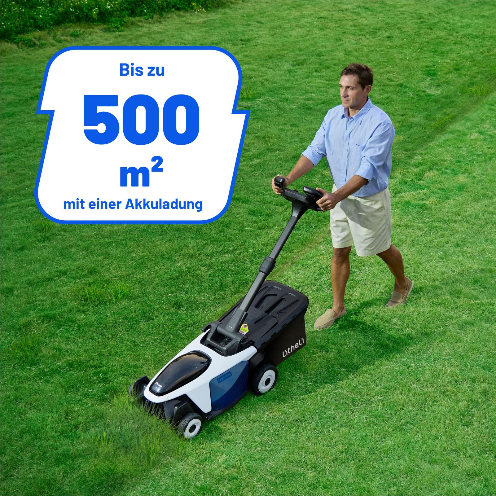 Litheli Easysurge Akku Rasenmäher Selbstfahrender, 43cm Schnittbreite mit Akku und Ladegerät, bis 500 m², 50L Fangkorb, 25-75 mm Schnitthöhe, Rasenmäher Eektro inkl. 4X 20V/ 4,0 Ah Akkus