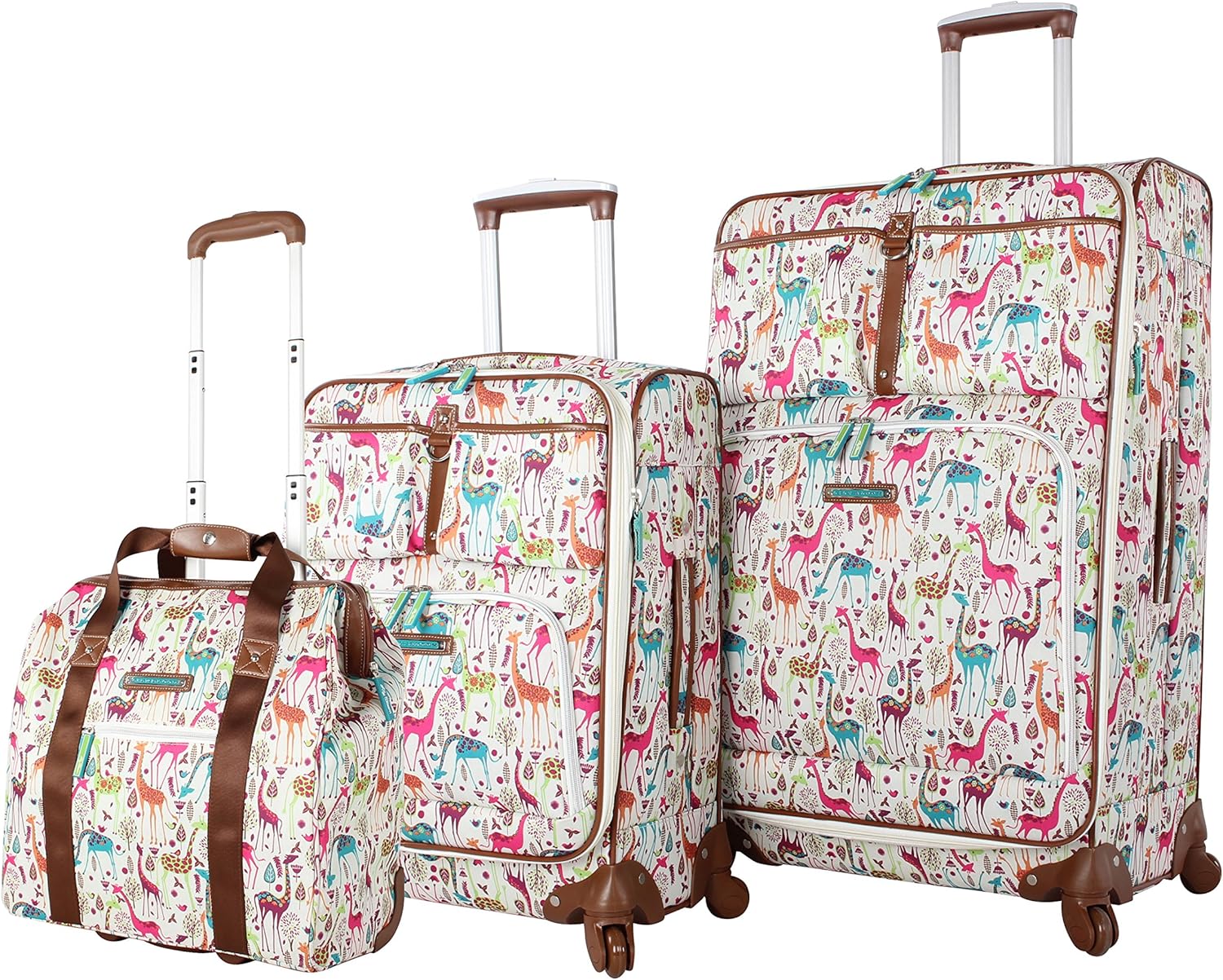 Lily Bloom Luggage 3 Piece Softside Spinner Suitcase Set Collection (Giraffe Park