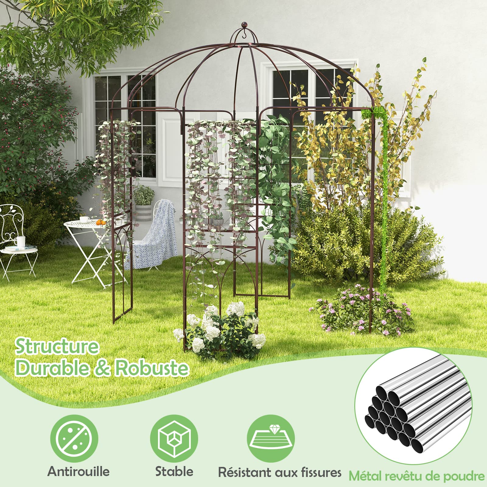 RELAX4LIFE Arche de Jardin en Métal pour Plantes Grimpantes, Voûte de Jardin en Forme de Cage à Oiseaux avec 8 Tubes de Pieds, pour Mariage/Commémoration/Fête d'anniversaire, 211X211X256CM, Bronze