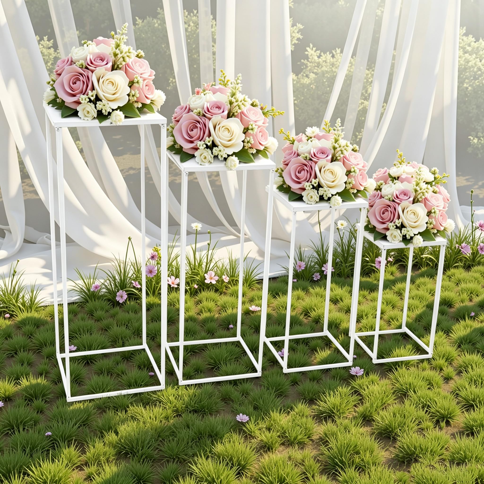 4 jarrones de columna con placa de metal, soporte para flores, centros de boda, centros de mesa de metal, jarrones para bodas, diferentes alturas