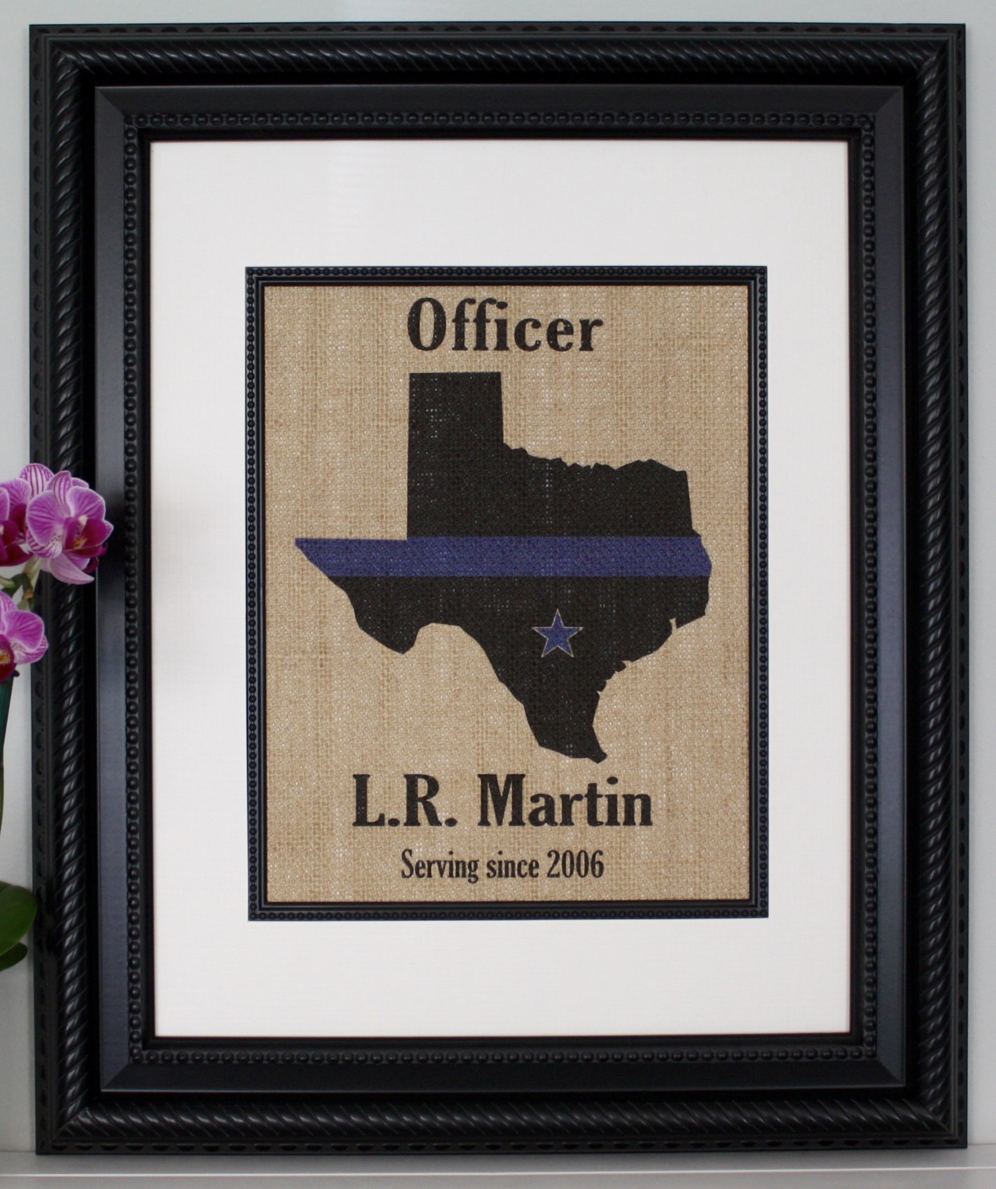 Police Officer Gift For Men Women Thin Blue Line Flag across Any US State - Personalized on Burlap For Home Office - Customized Wall Decor - Law Enforcement Retirement Graduation Promotion