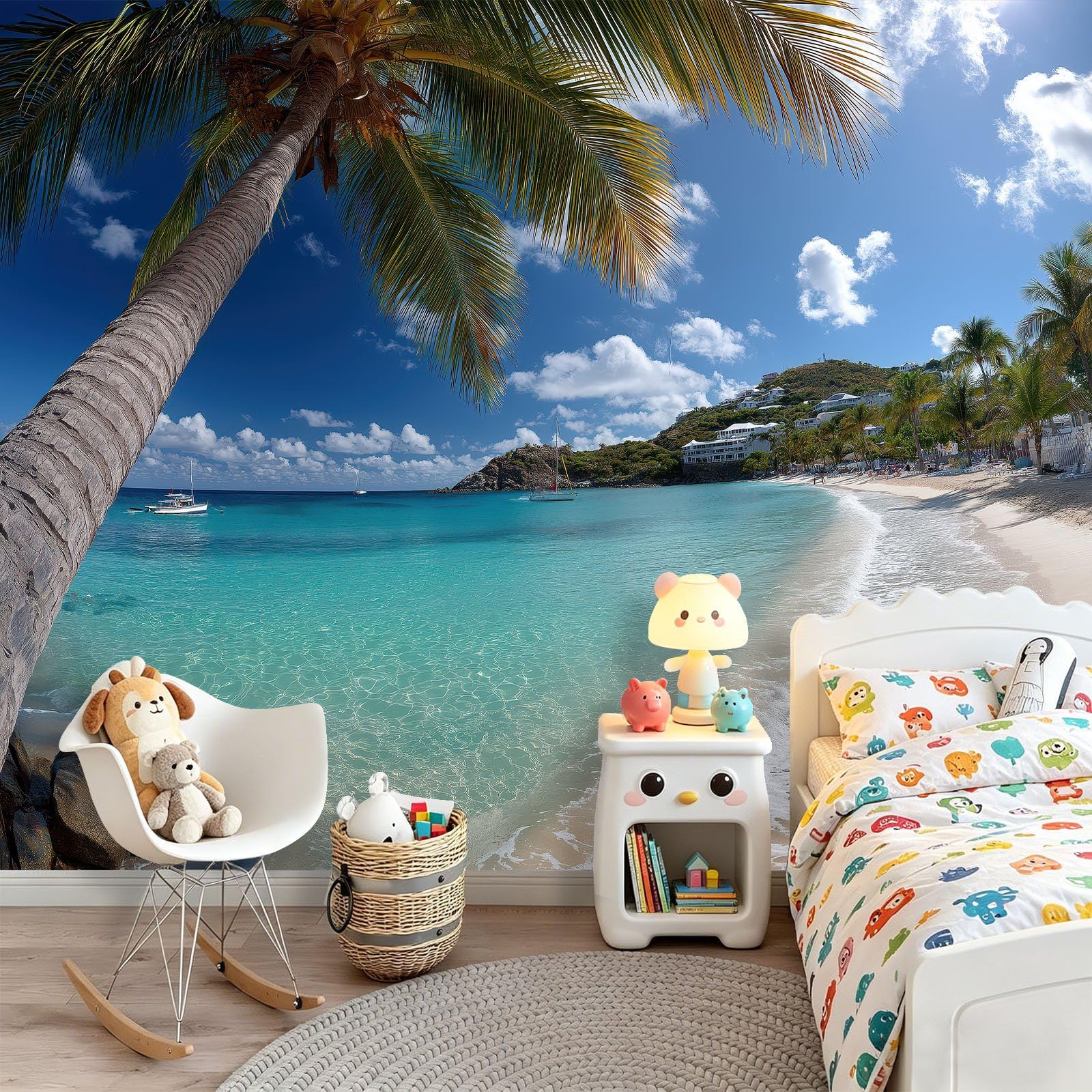 Papier Peint Panoramique Côtier Tropical Vacances 3D Panoramique Papier Peint Palmier Plage, Papier Mural Decoratif Pour Salon, Chambre, Tapisserie Murales, Décoration Murale 400 x 280 cm