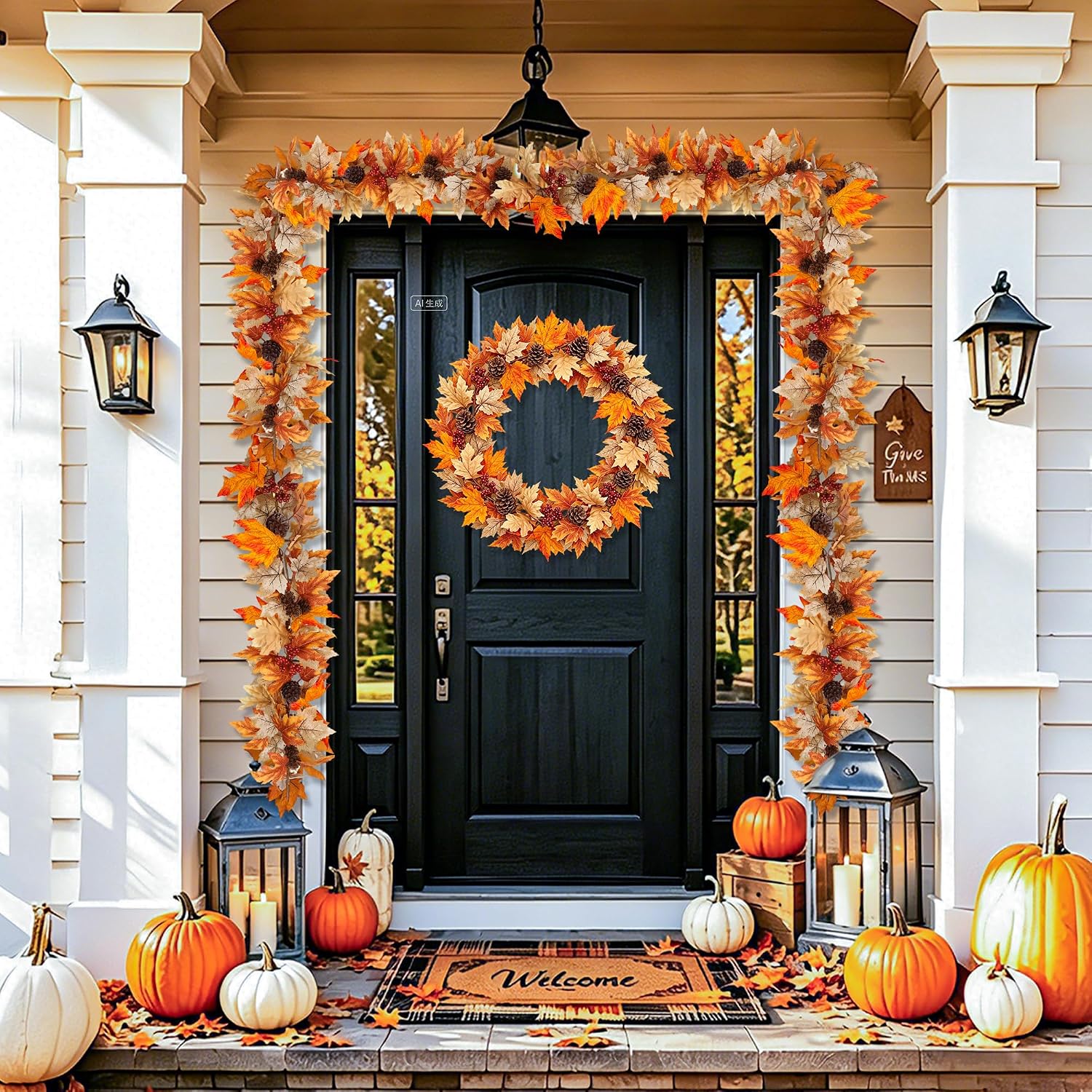 6 FT Lighted Fall Garland with Lights & Timer, Fall Decor Lush Autumn Leaves with Pumpkins, Berries & Pinecones, Pre-Lit Thanksgiving Decorations for Home, Fireplace Mantel & Porch