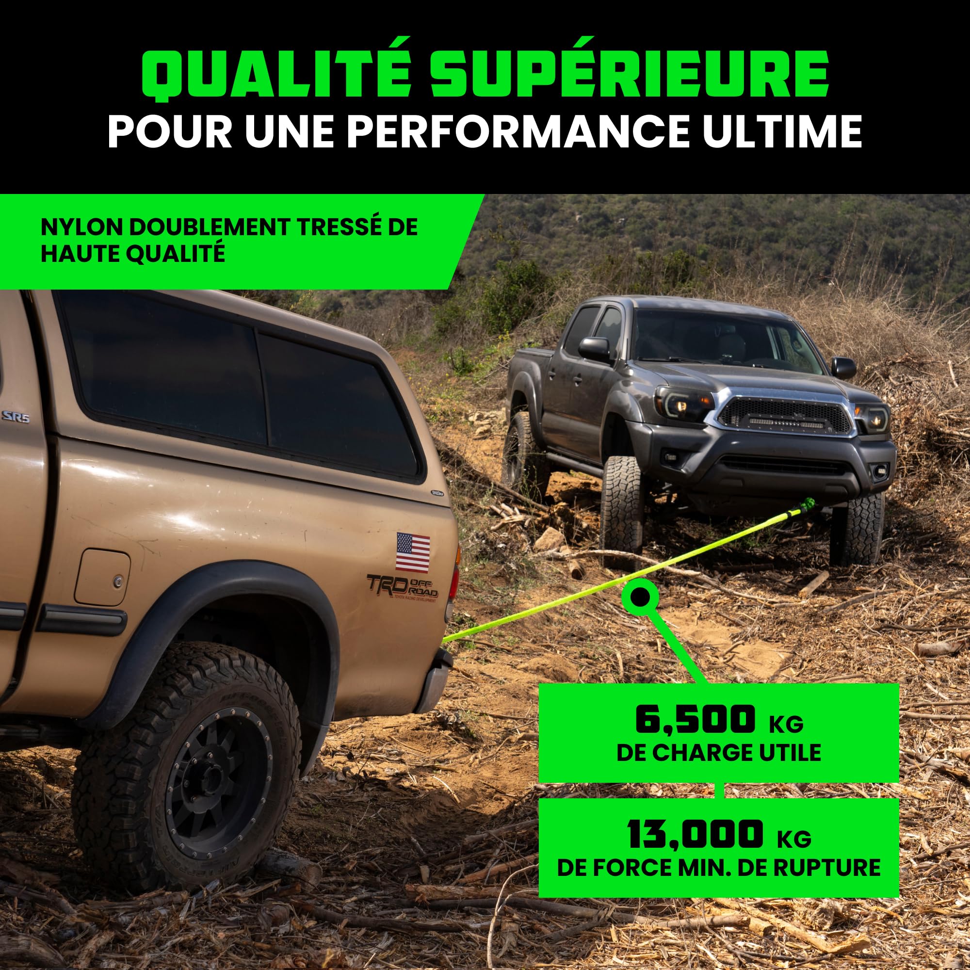 Rhino USA Kit de Récupération de Corde Cinétique 13,000 kg - 2.2 cm x 9 m - Sangle Remorquage Voiture Tout-Terrain avec 2 Manille Treuil 4x4 pour UTV ATV LKW Tracteur Camion Quad - Vert