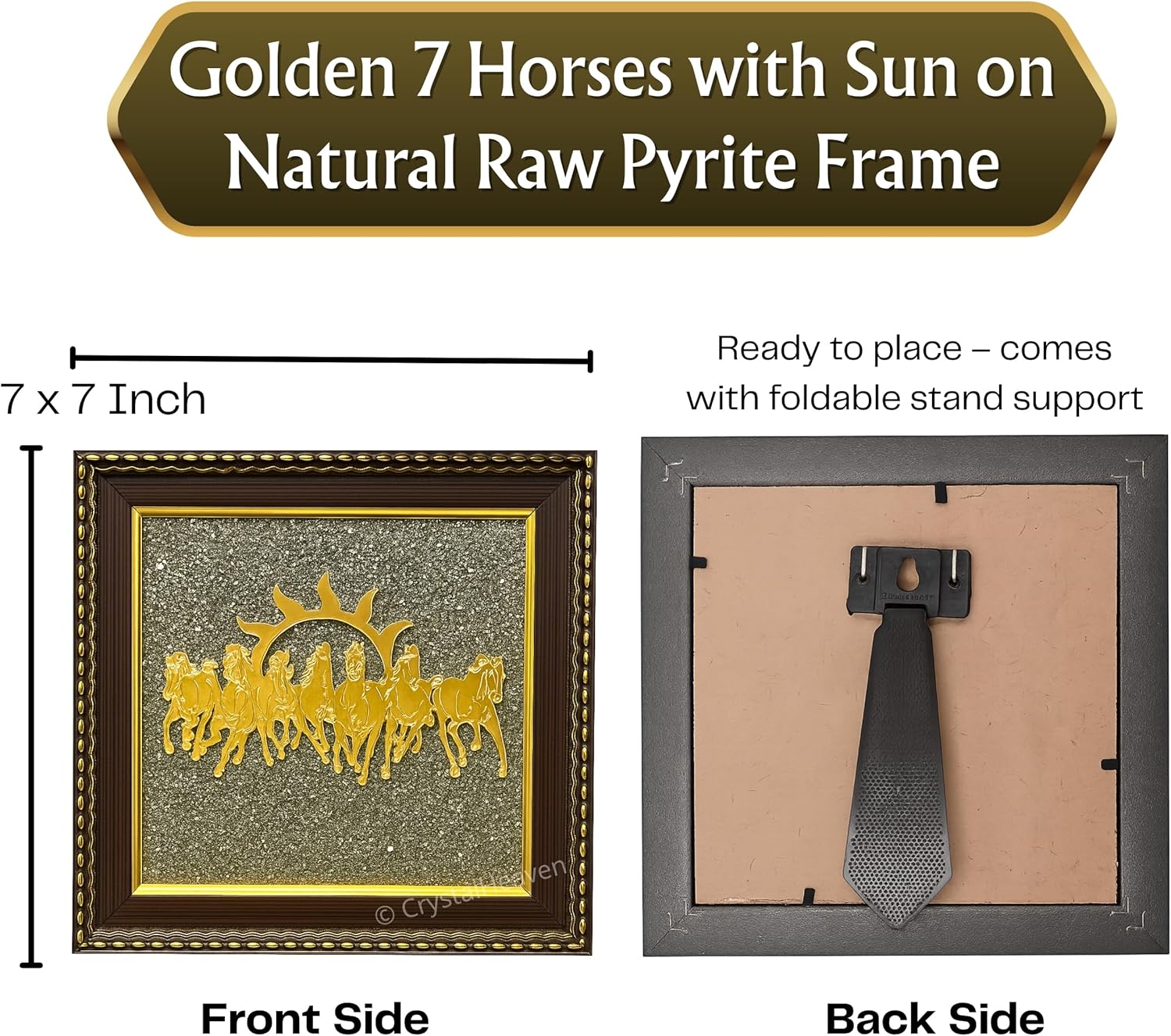 Pyrite Stone Frame with Vastu Seven Running Horses with Sun to Attract Money, Protection and Chakra Healing - Wooden Photo Frame Wall Decor Items for Living Room with Original Pyrite Dust for Money