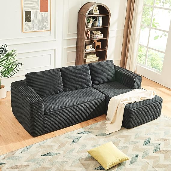 Panana Modular Sectional Sofa, Modern Boneless Couch 3 Seater Corner Sofa Corduroy, L Shaped Sofa Bed for Living Room Bedroom, No Assembly Required (Black, Right-Facing Chaise)