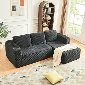 Panana Modular Sectional Sofa, Modern Boneless Couch 3 Seater Corner Sofa Corduroy, L Shaped Sofa Bed for Living Room Bedroom, No Assembly Required (Black, Right-Facing Chaise)