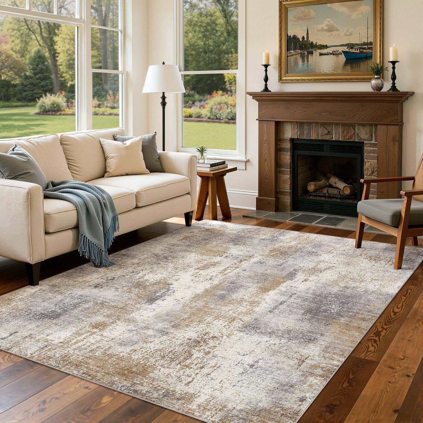 DMOYEST Washable Rugs Living Room 160x230cm - Large Abstract Neutral Modern Soft Non Slip Low Pile Kid Pet Friendly Carpet for Bedroom Dining Home Office - Brown Grey — image 1