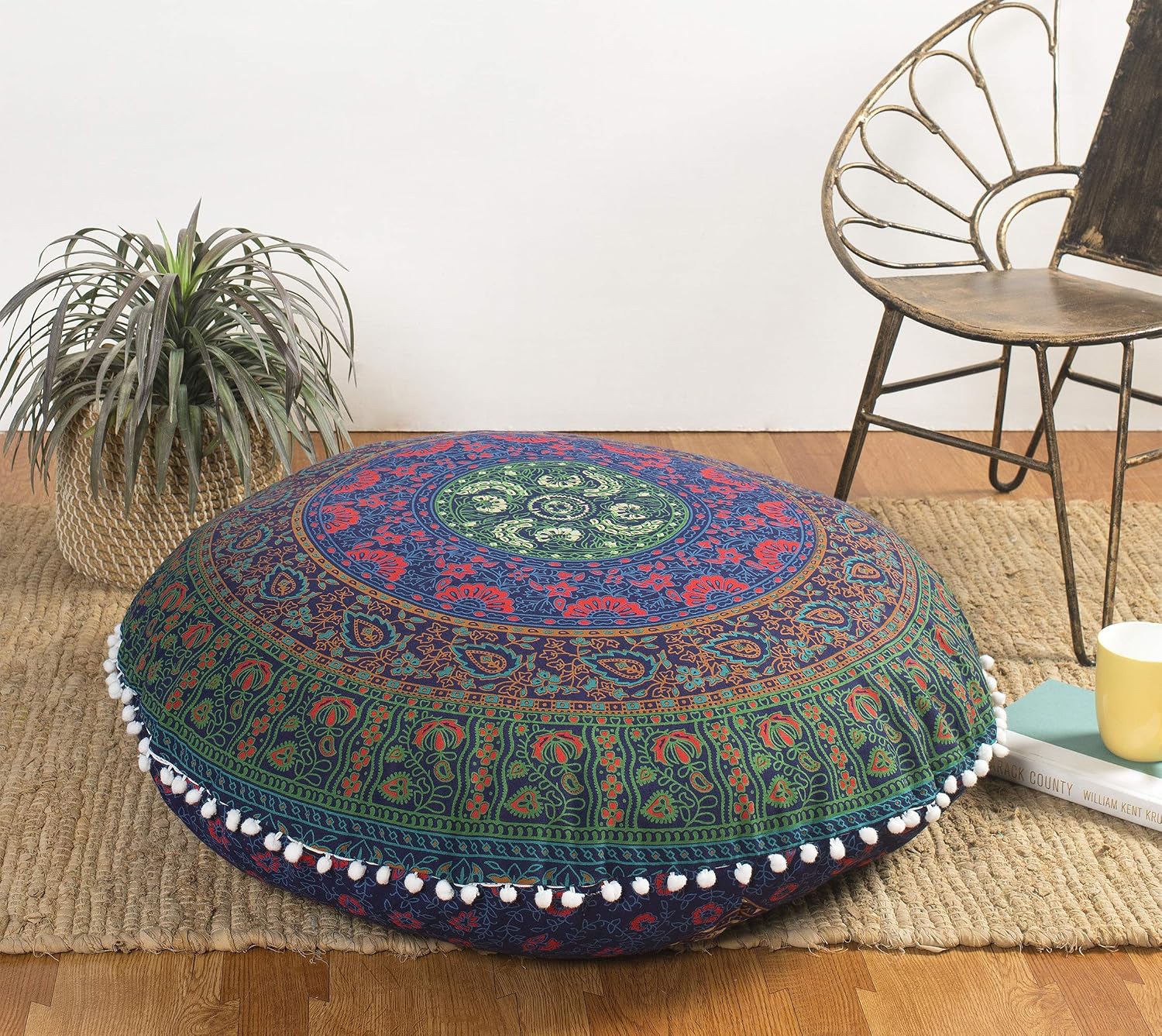 Popular Handicrafts Floor Pillow Cushion Cover - Large Round Hippie Printed Pouf Shams- Meditation Seating Ottoman Throw Cover Decorative Bohemian Pom Pom, 32" Blue Multicolor