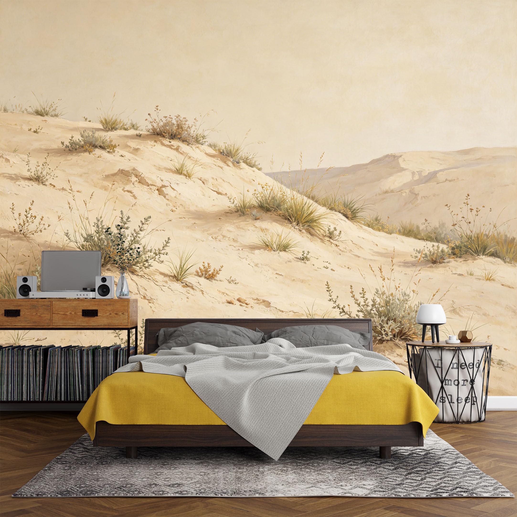 Custom Size Wall Mural， Desert Landscape Sand Dunes with Dry Grasses Minimalist Nature Scene，SelfAdhesive Art Prints wall Fabric(No PVC) Removable Wallpaper Living Room Decor