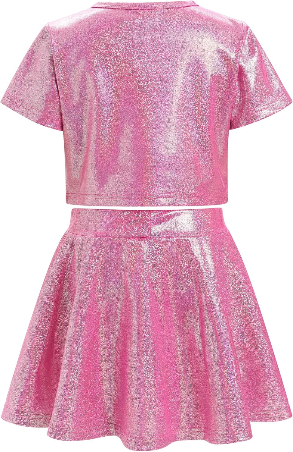 ODASDO Kids Girl Shiny Metallic Short Sleeve Crop Top with Pleated Skirt Set Sparkly Stage Performance Dancewear