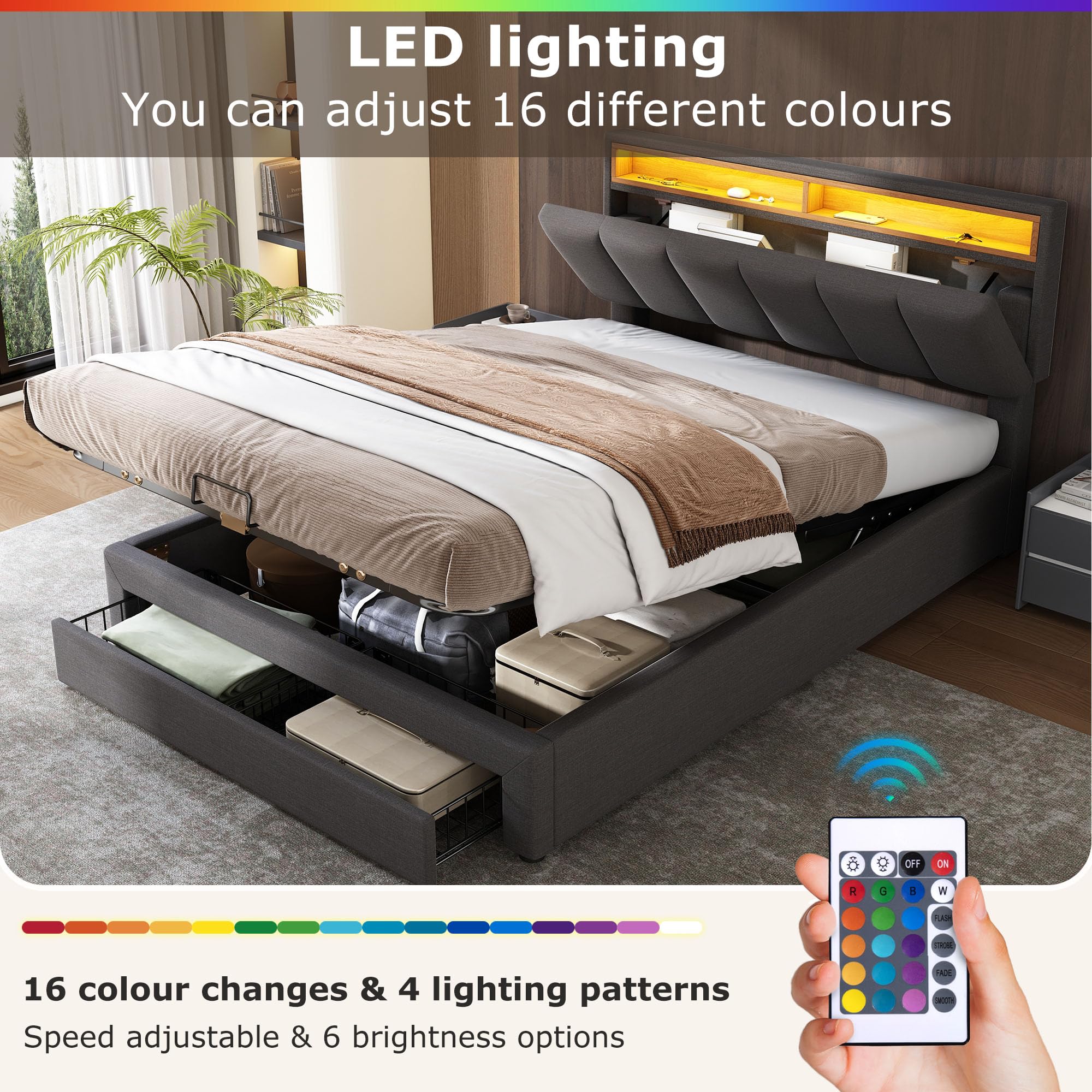 Cama Tapizada de 140x190 cm con LED y 2 Cajones, Estructura de Cama Doble con Soporte de Láminas y Almacenamiento Hidráulica, Cabecero con Almacenaje, Lino, Gris, Sin Colchon