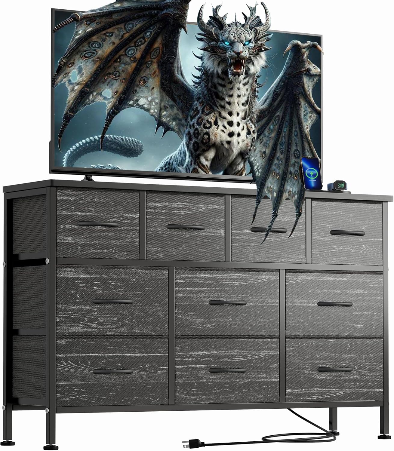 Dresser TV Stand with Power Outlet, 43" Long Dresser for Bedroom with 10 Fabric Drawers, Chest of Drawers for Living Room, Hallway (Black Wood Veins)