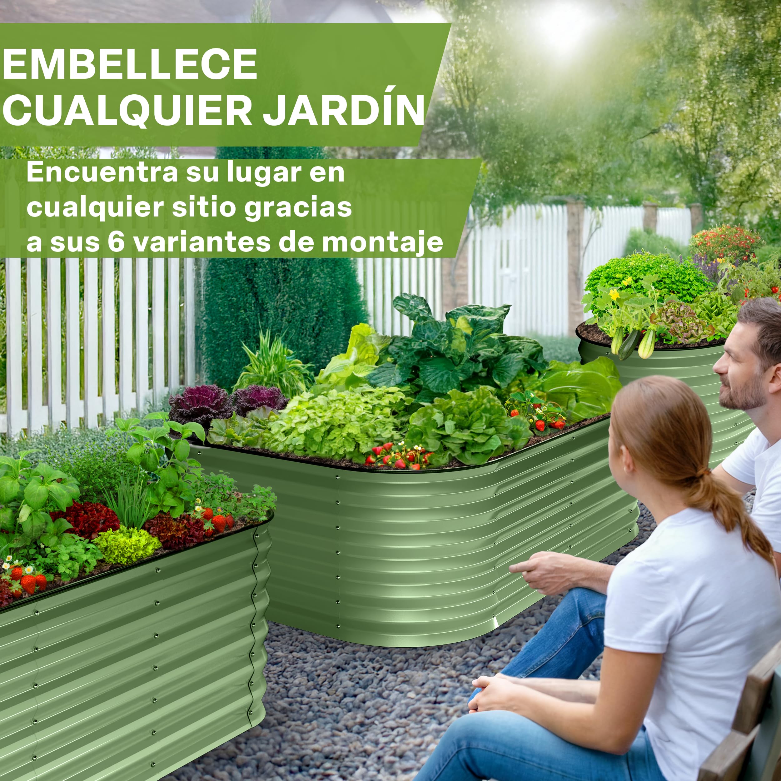 TTL GARDEN 200 x 60 x 45 cm Metal Hochbeet Fusion 6 en 1 Salvia Verde – Acero inoxidable galvanizado y lacado, 45 cm de alto 60 cm de ancho, forma ovalada, estable, jardín, bancal para verduras