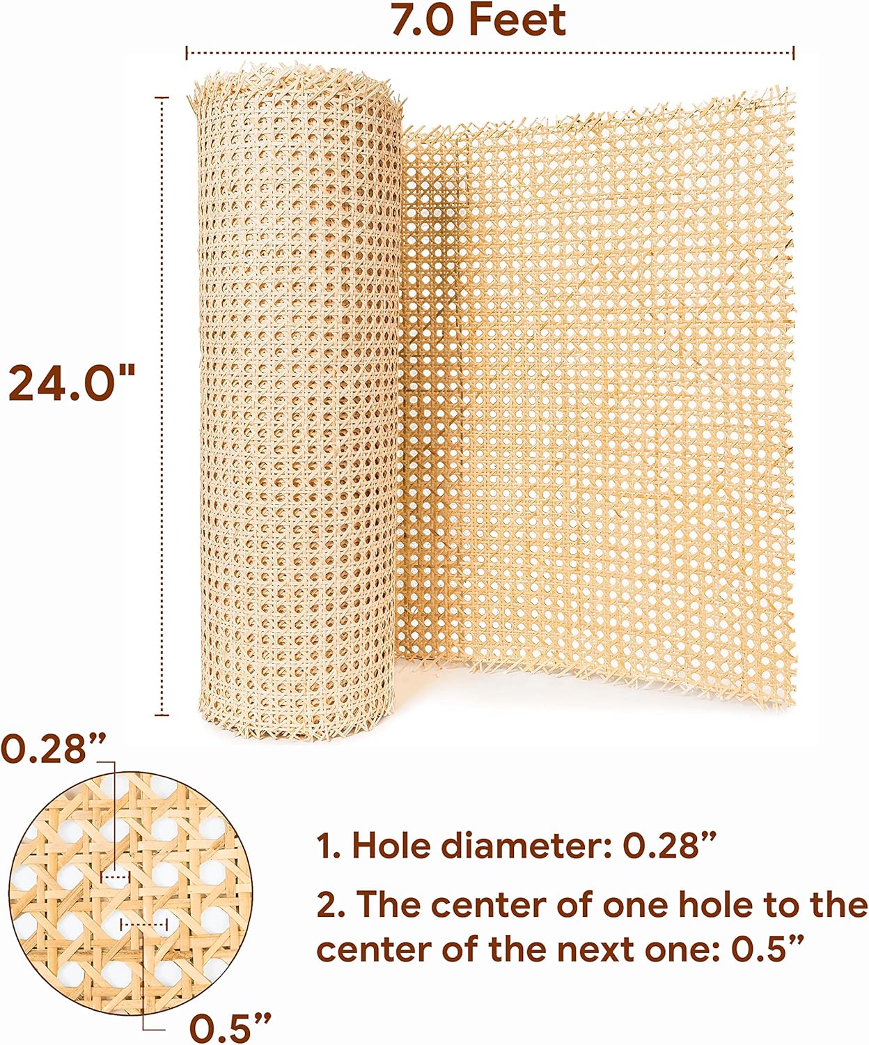 24" Width Rattan Cane Webbing Roll 7 Feet Hexagon Weave Rattan Fabric Furniture Woven Rattan Sheets for Crafts Cane Weave Rattan Material Natural Chair Caning Supplies Wicker (7 Feet)