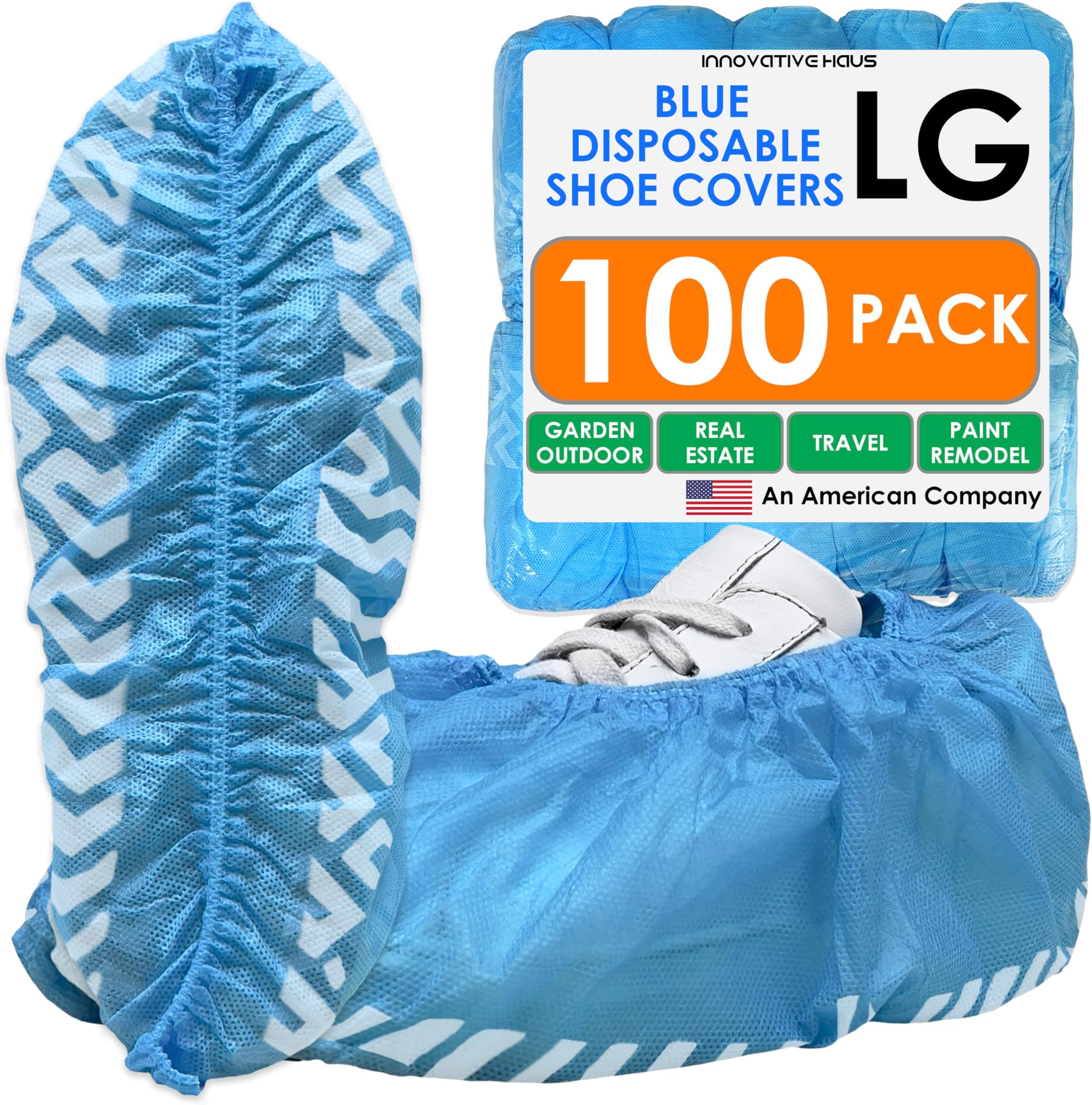 Innovative Haus Blue Indoor Disposable Shoe Covers - Disposable Non Slip Boot Covers - Indoor Reusable Booties - Treads - Water Resistant - 100 Pack, Large