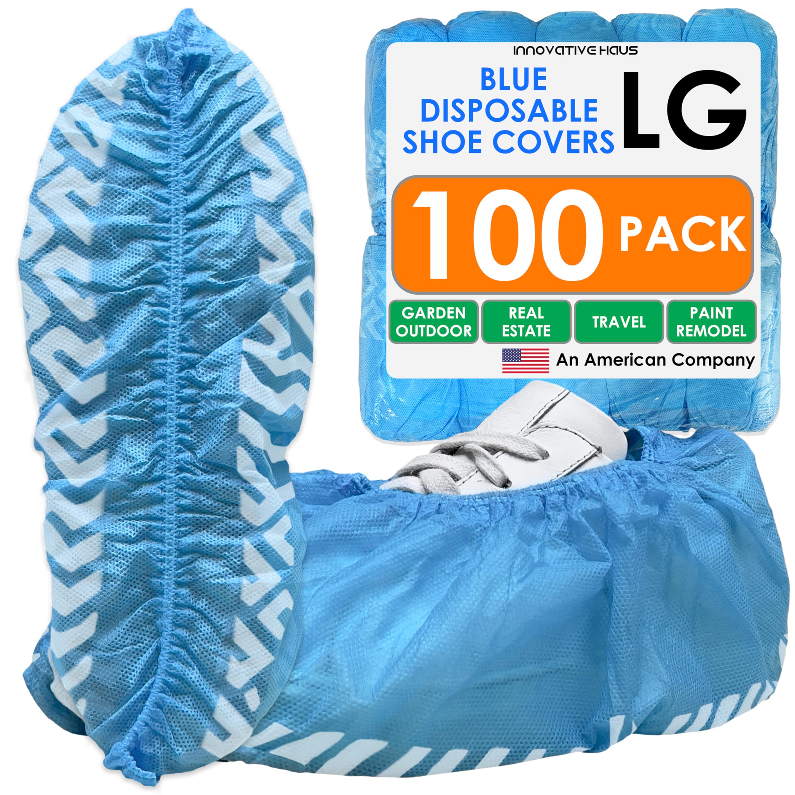 Innovative Haus Blue Indoor Disposable Shoe Covers - Disposable Non Slip Boot Covers - Indoor Reusable Booties - Treads - Water Resistant - 100 Pack,