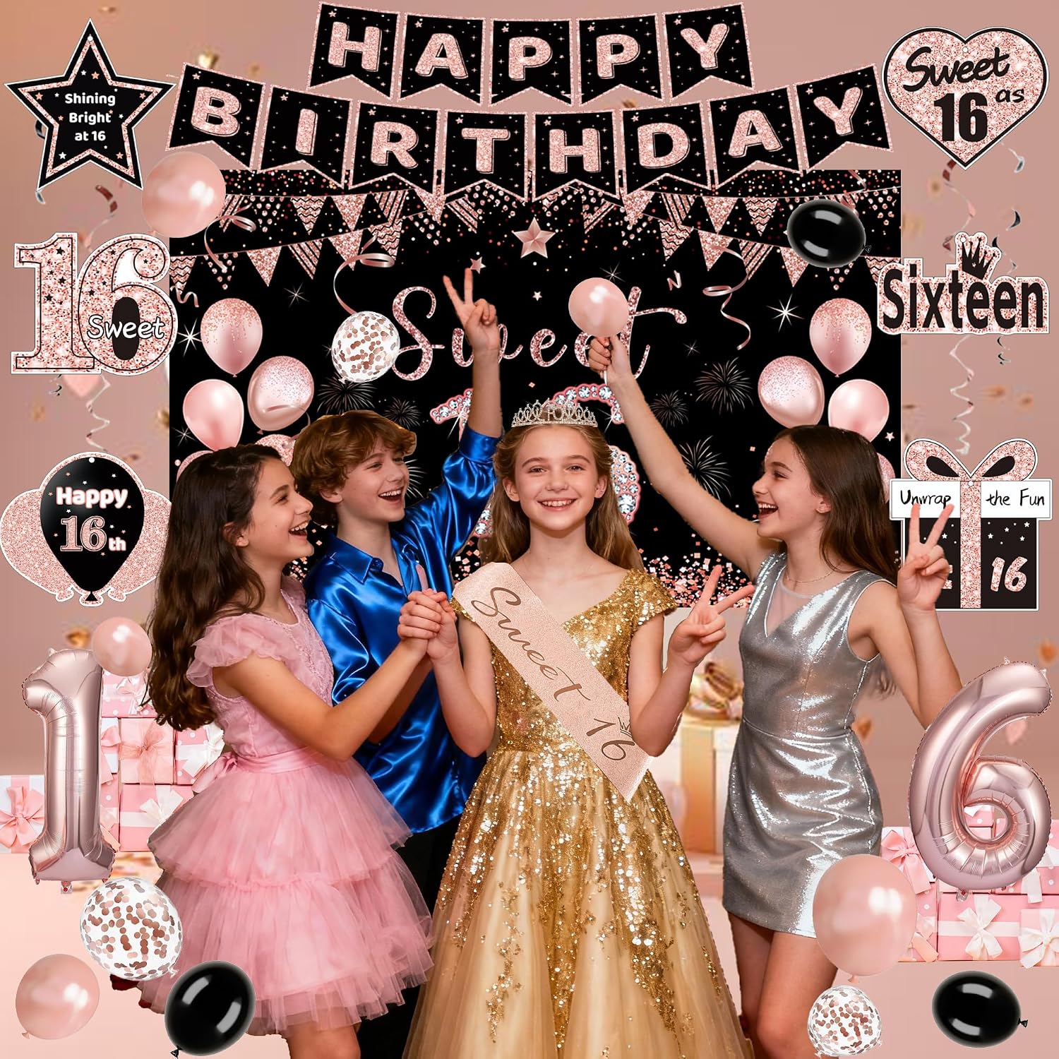 Sweet 16 Party Decorations, Black Rose Gold 16th Birthday Party Supplies Set with Crown, Sash, Banner, Backdrop, Balloons and Cake Topper, Happy 16th Birthday Decorations for Girls