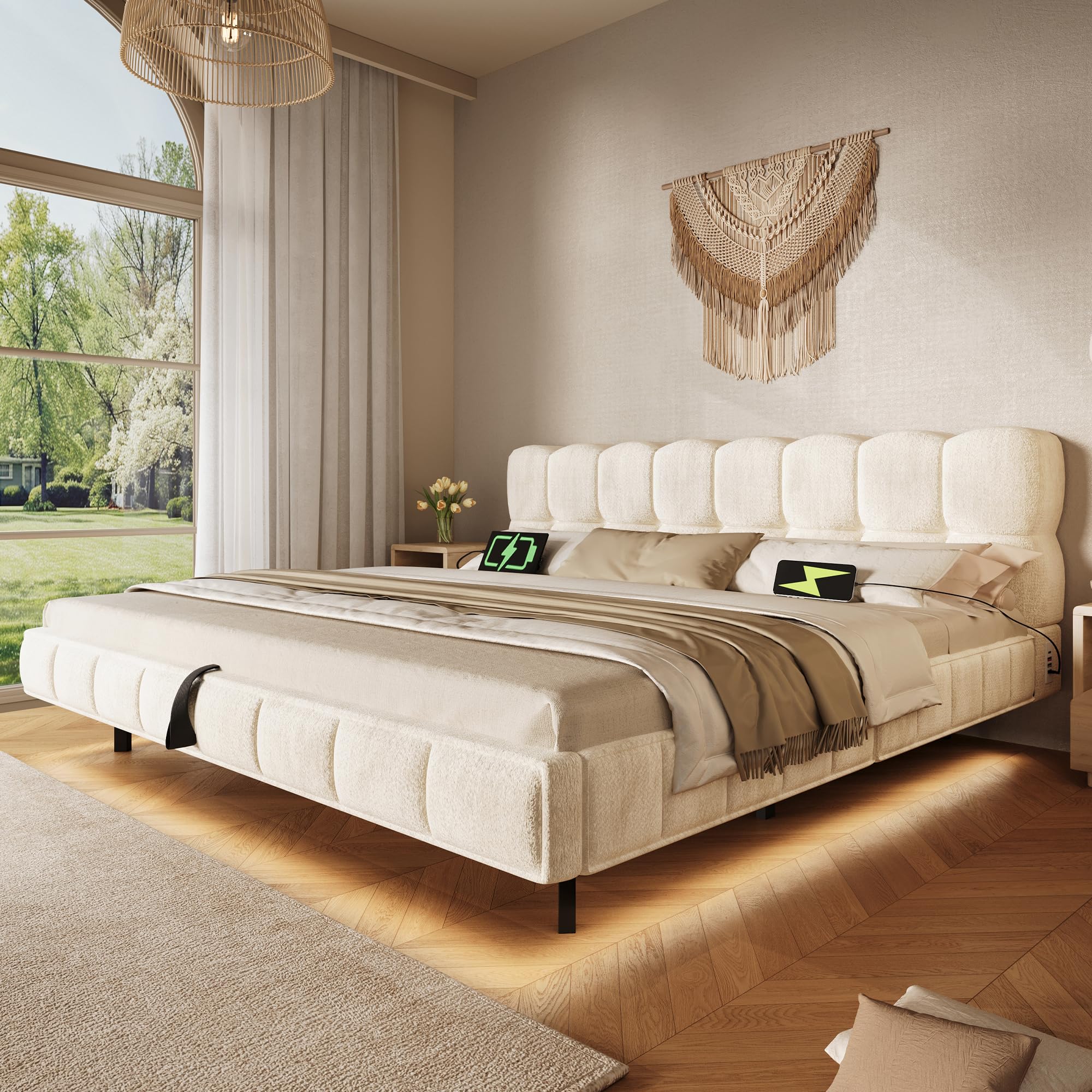 Cama flotante acolchada de matrimonio 140 x 200 cm con somier de láminas, cama colgante con contenedor hidráulico y LED y USB/TypeC, cama con diseño de nube, chenilla, beige, colchón no