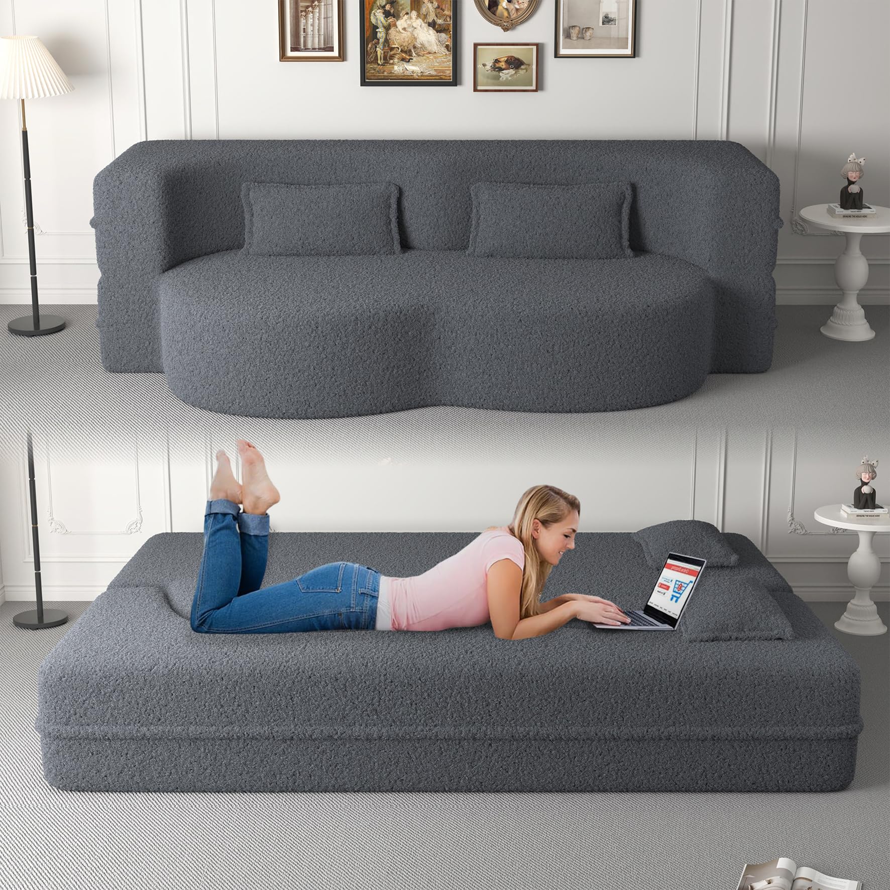 Tongbaiyi 78" Teddy Folding Floor Sofa Couch Bed,Convertible Folding Sofa Bed, Full Size Love Seat Sleeper Bed Floor Sofa Bed with 2 Pillows for