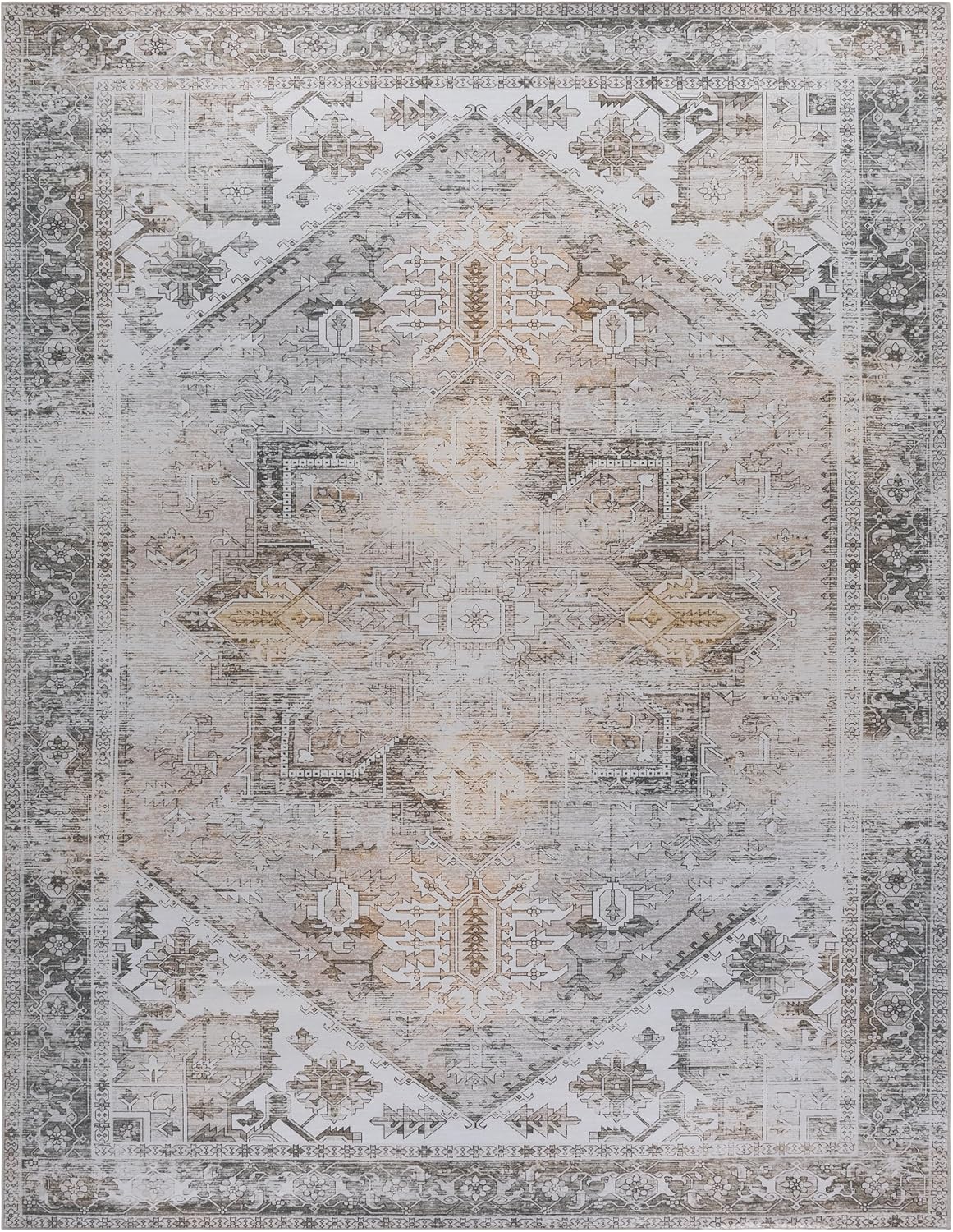 SAFAVIEH Washable Rug Tucson Collection - 8' x 10', Beige & Grey, Slip Resistant & Easy to Clean, Ideal for Living Room, Bedroom, Dining Space (TSN102B)