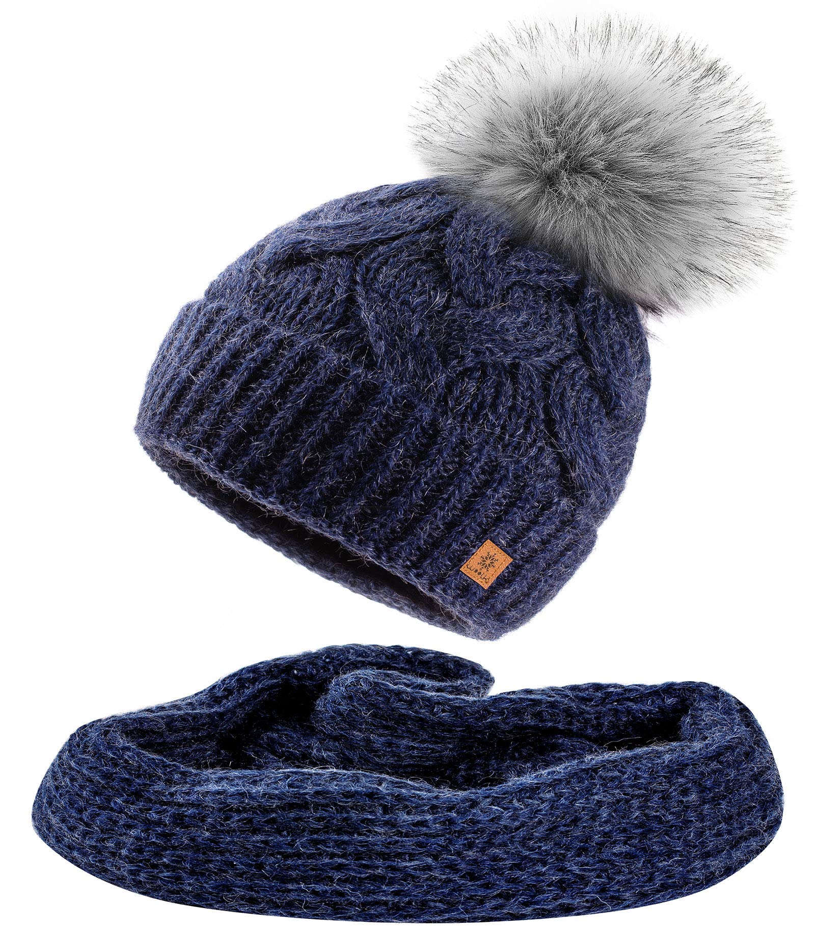 Mfaz Morefaz Ltd Women's Nave Set Hat&Scarf Set Scarf & Hat Mohair Wool Winter Beanie Hat Worm Neck Knitted Hats Fleece Pom Pom (Nave Set Hat&Scarf)