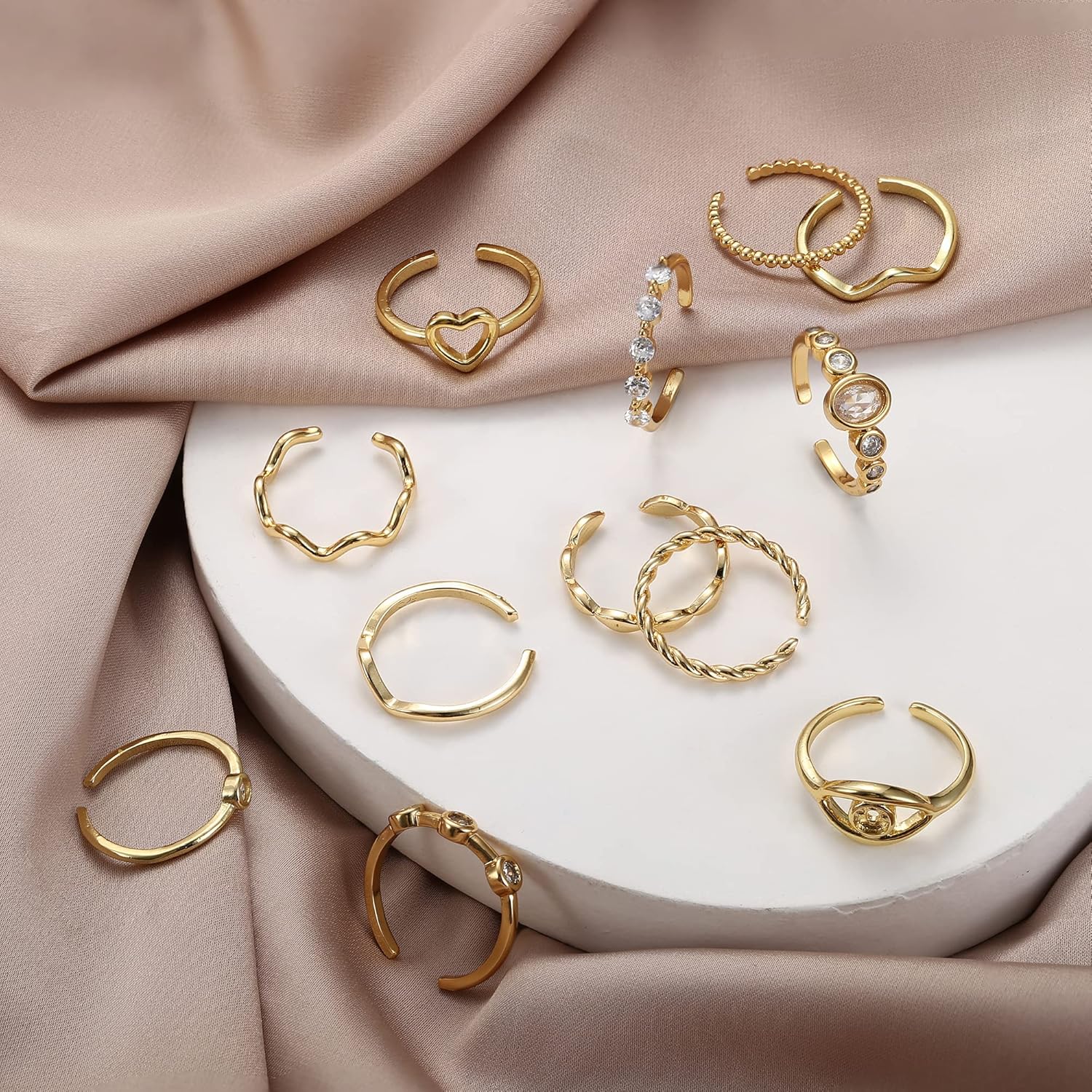 IRONBOX 12 Pcs Adjustable Knuckle Rings for Women 14K Gold Plated Stacking Rings Pack Wave Star Moon Dainty Thumb Open Rings Set - Image 2