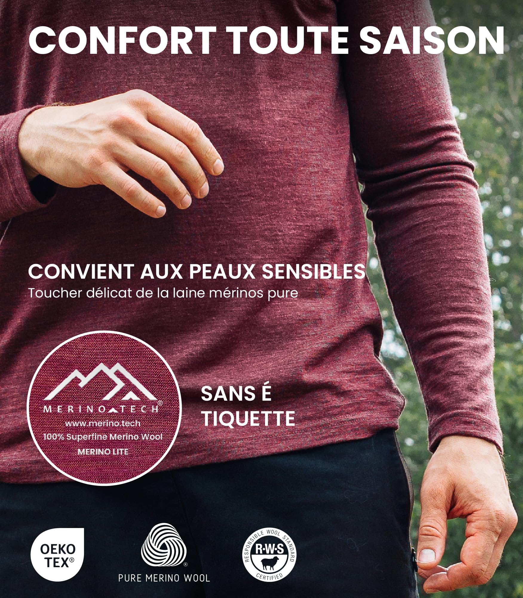 Merino.tech sous Vetement Thermique Homme Laine Merinos - 100% Pull Merinos pour la Randonnée et la Chasse