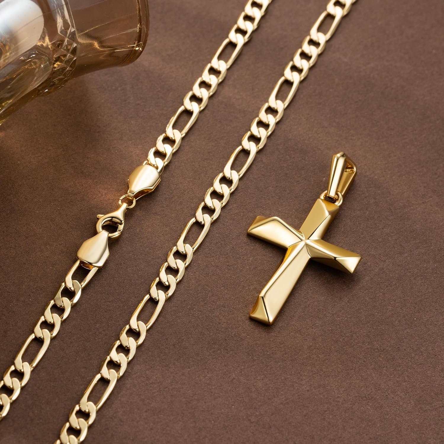 Cross Necklace 14K Gold Cross Necklace for Men Gold Crosses Chain for Men Irregular Cutting Lines with Figaro Chain Mens Crosses Pendant 20/22/24in - Image 6