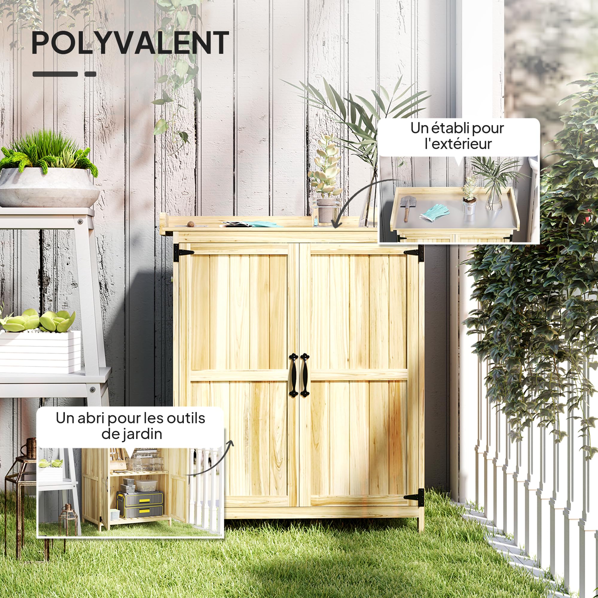 Outsunny Armoire de Jardin en Bois Abri de Jardin 2 Portes Étagère Naturel