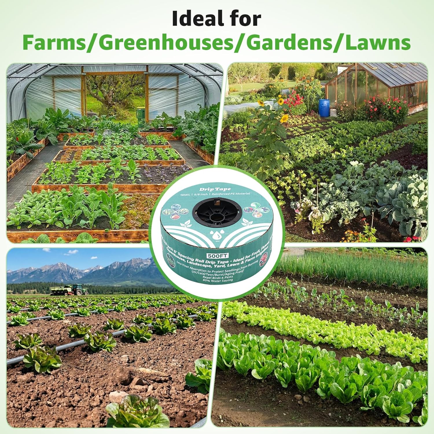 500FT 5/8" Drip Tape Irrigation, 16 Mil Heavy Duty with 6" Emitter Spacing, Silver Reflective Drip Tape Resistant to Pecking & Biting, Heat-Safe for Seedlings, Ideal for Garden Farm Greenhouse Patio