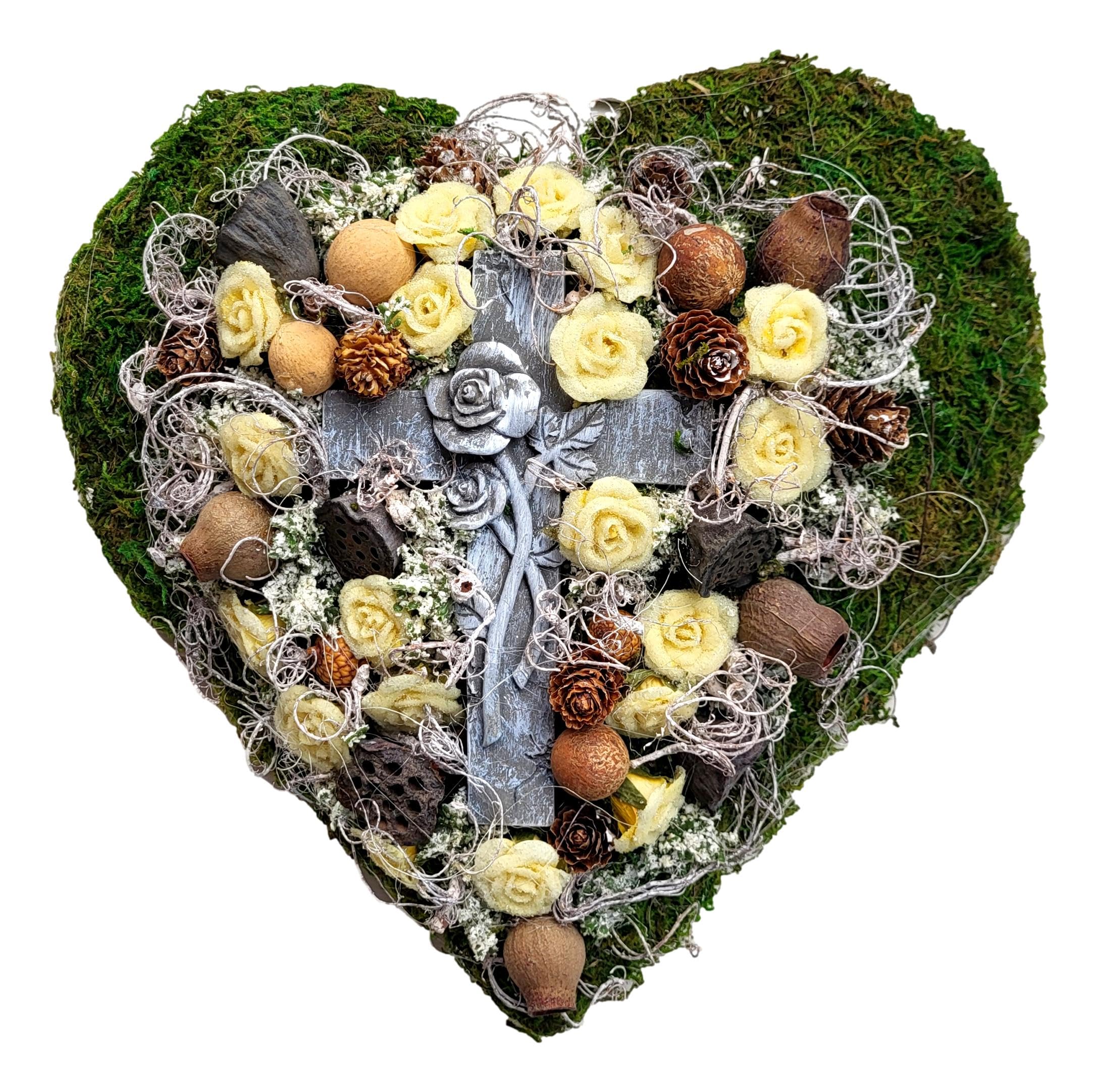 Grabgesteck Grabschmuck Grabaufleger Moosherz Grabherz Trauerherz Grab Herz Gesteck Rosen mit Kreuz
