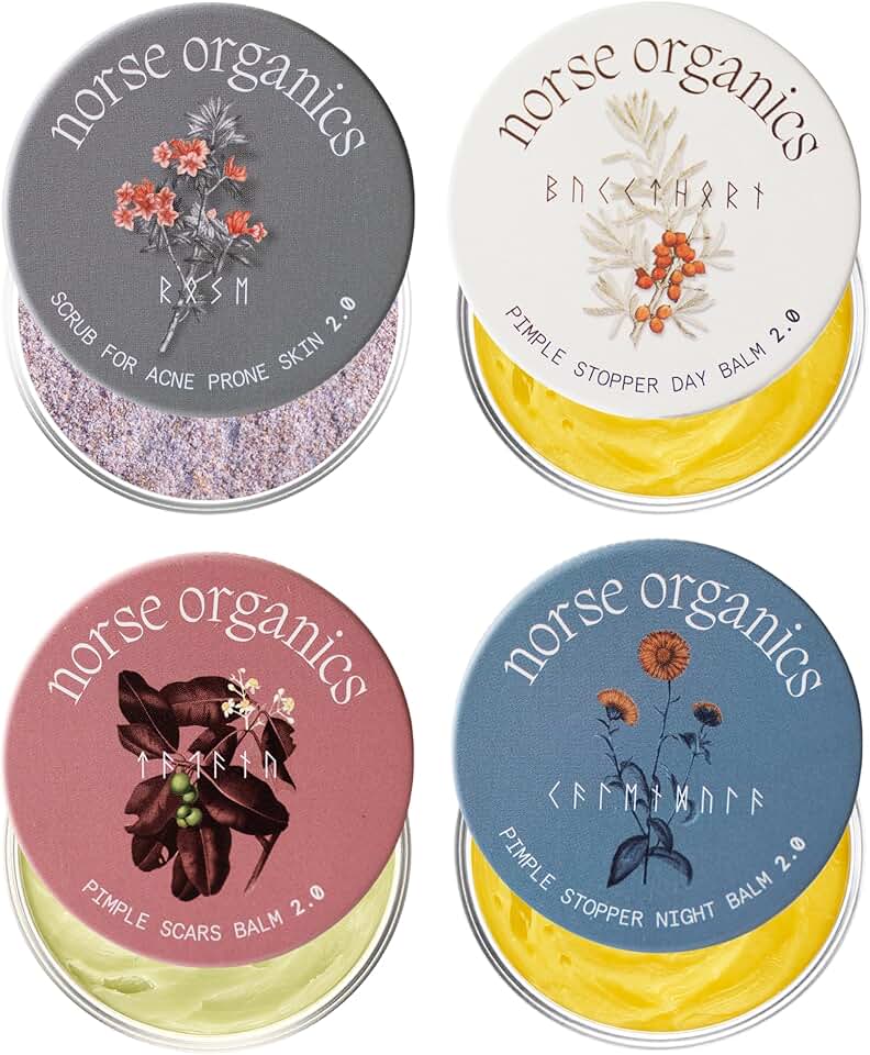 Norse Organics | The Complete System for Pimples 2.0 | 4 Step Skincare Kit with Natural Arctic Herbs | Includes Pimple Stopper Day & Night Balms, Scar Balm, Face Scrub | For All Skin Types (4 pcs)