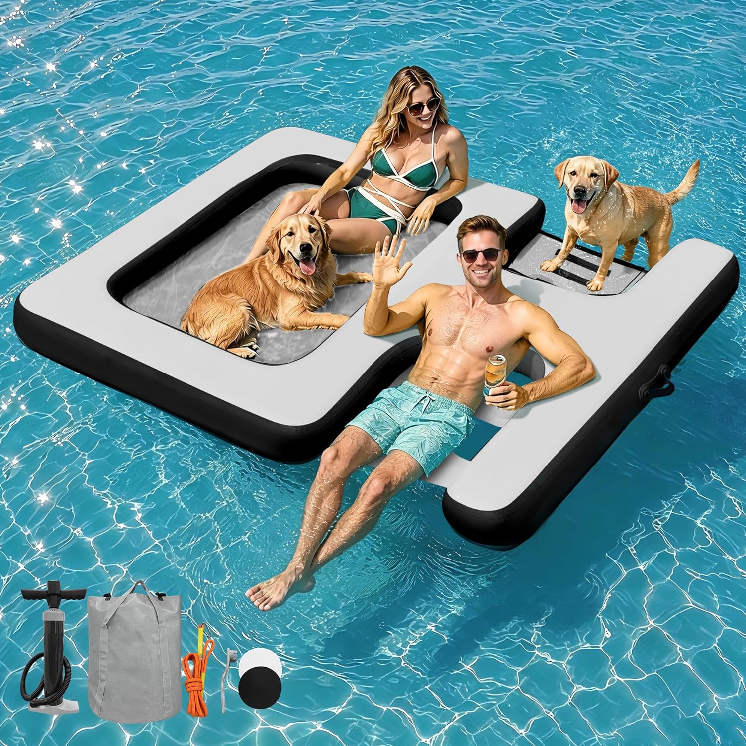 Inflatable Floating Dock 7ft/8ft/10ft Mesh Floating Platform with Water Ramp, Ladder, Hammock & Seat - Dog Floating Island Raft Pool Float for Lake, River, Ocean Parties