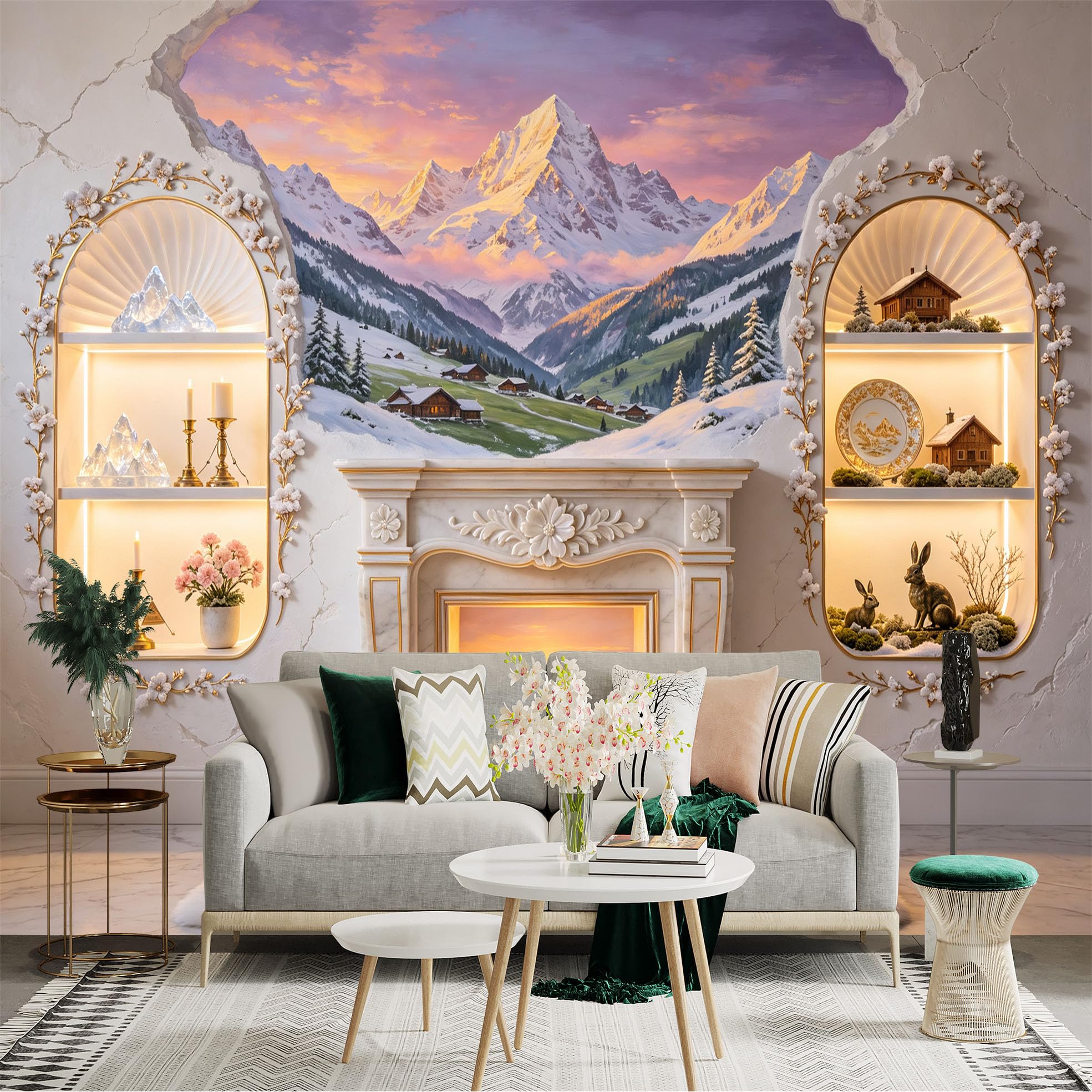 Lnzczhyre Bh260719543 Custom Size Wall Sticker Mural， Snowy Alpine Peak And Rustic Mountain Cabins， Scenic Valley View， For Wall Decoration， Peelandstick Wall Decals.
